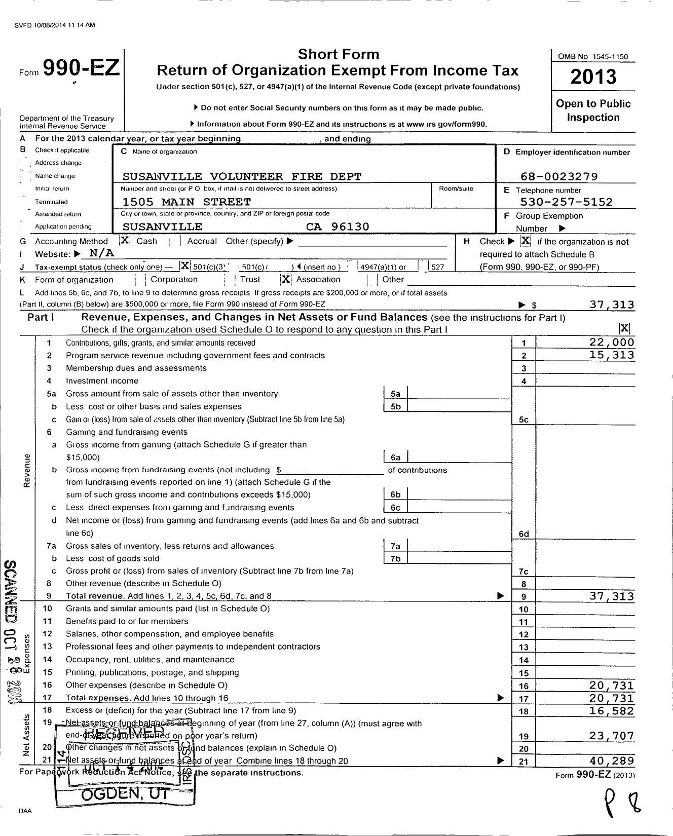 Image of first page of 2013 Form 990EZ for Susanville Volunteer Fire Department