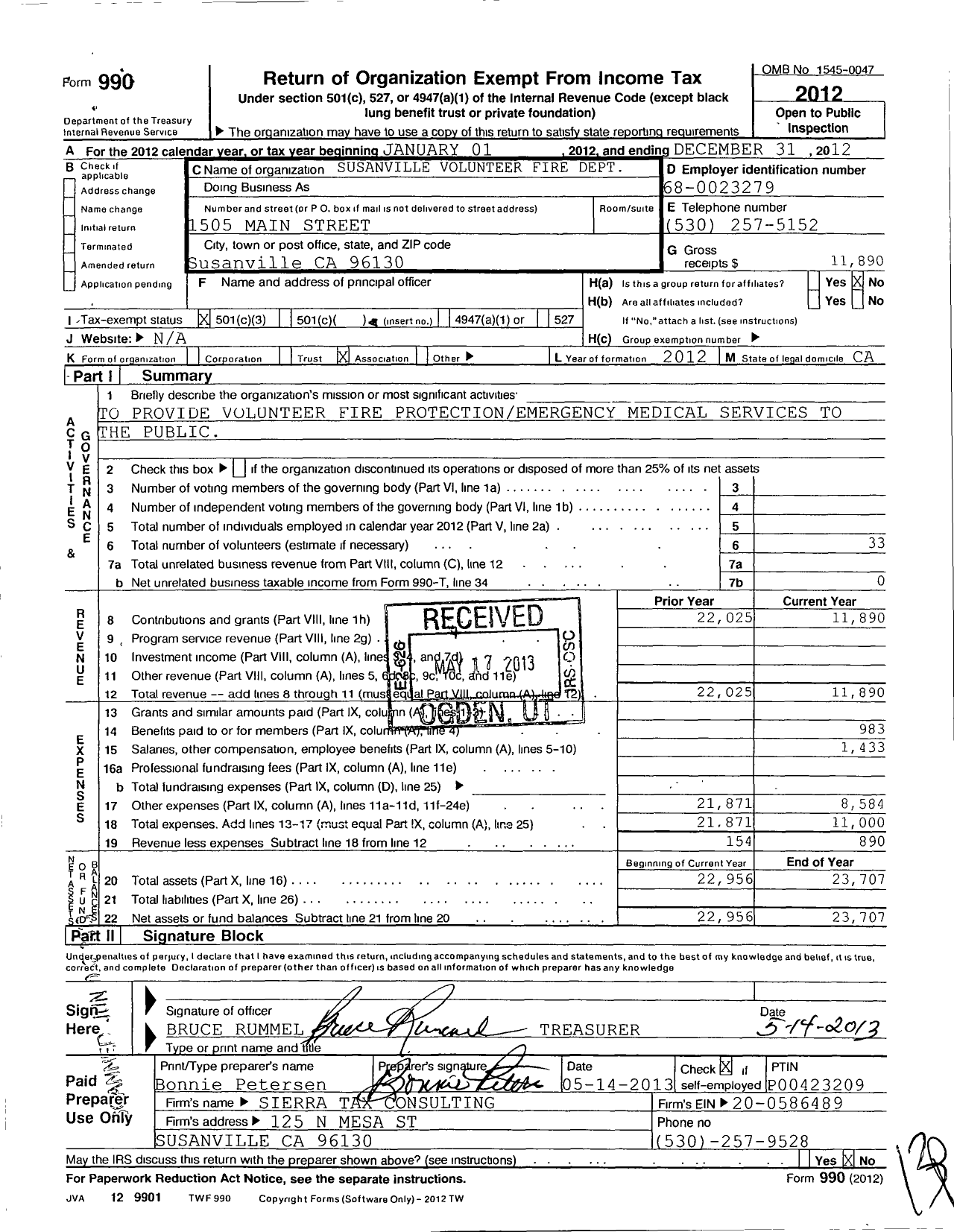 Image of first page of 2012 Form 990 for Susanville Volunteer Fire Department