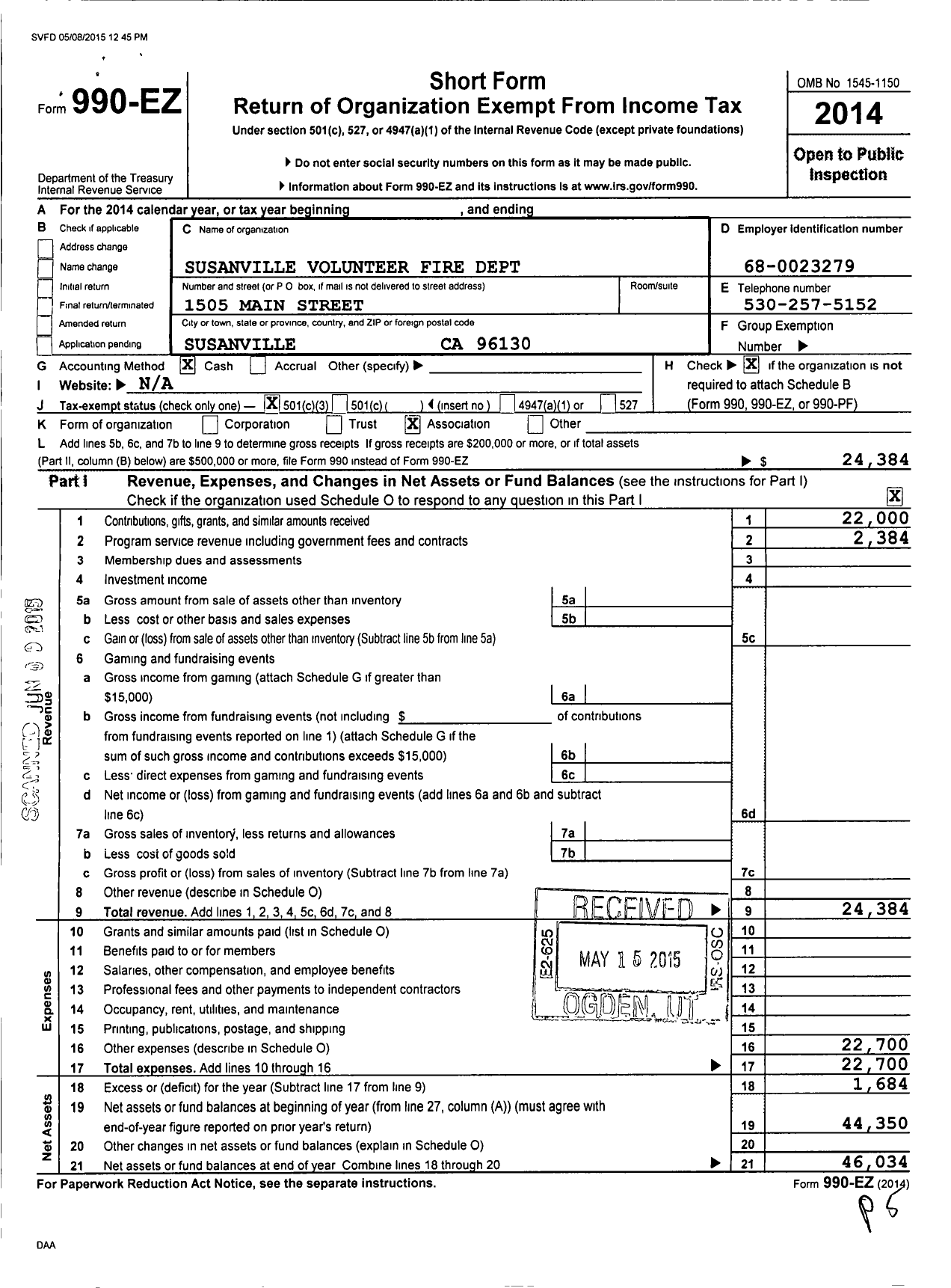 Image of first page of 2014 Form 990EZ for Susanville Volunteer Fire Department