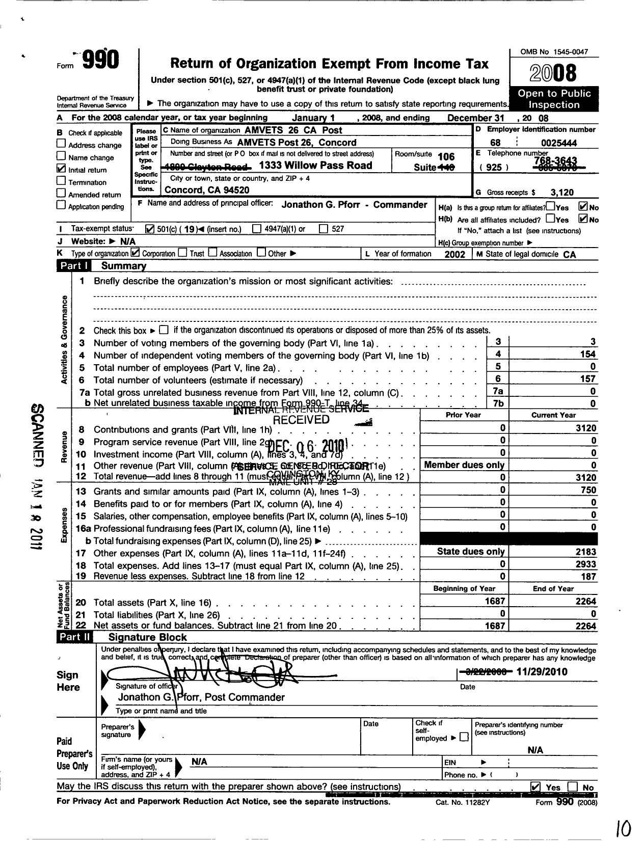 Image of first page of 2008 Form 990O for Amvets - Amvets / Amvets Post 26 Concord