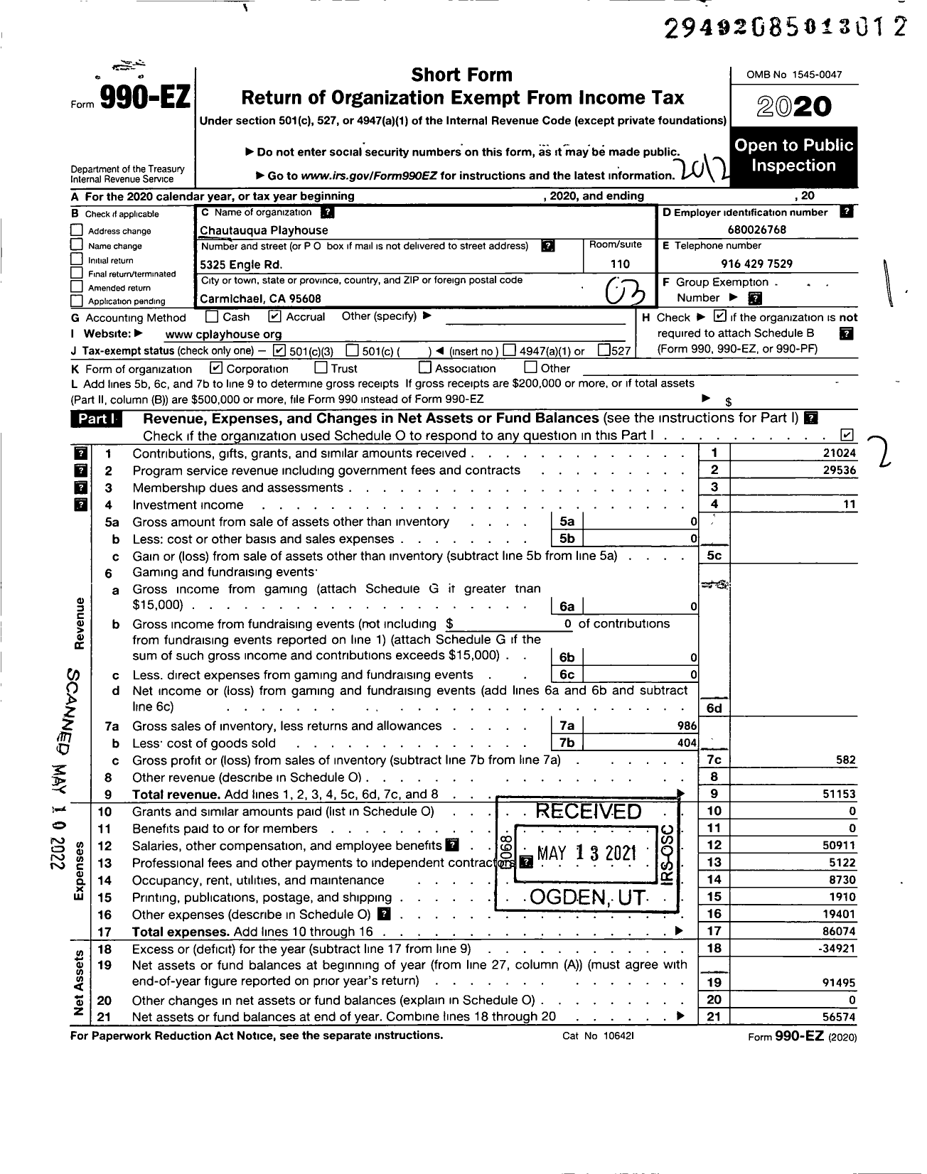 Image of first page of 2020 Form 990EZ for Chautauqua Playhouse