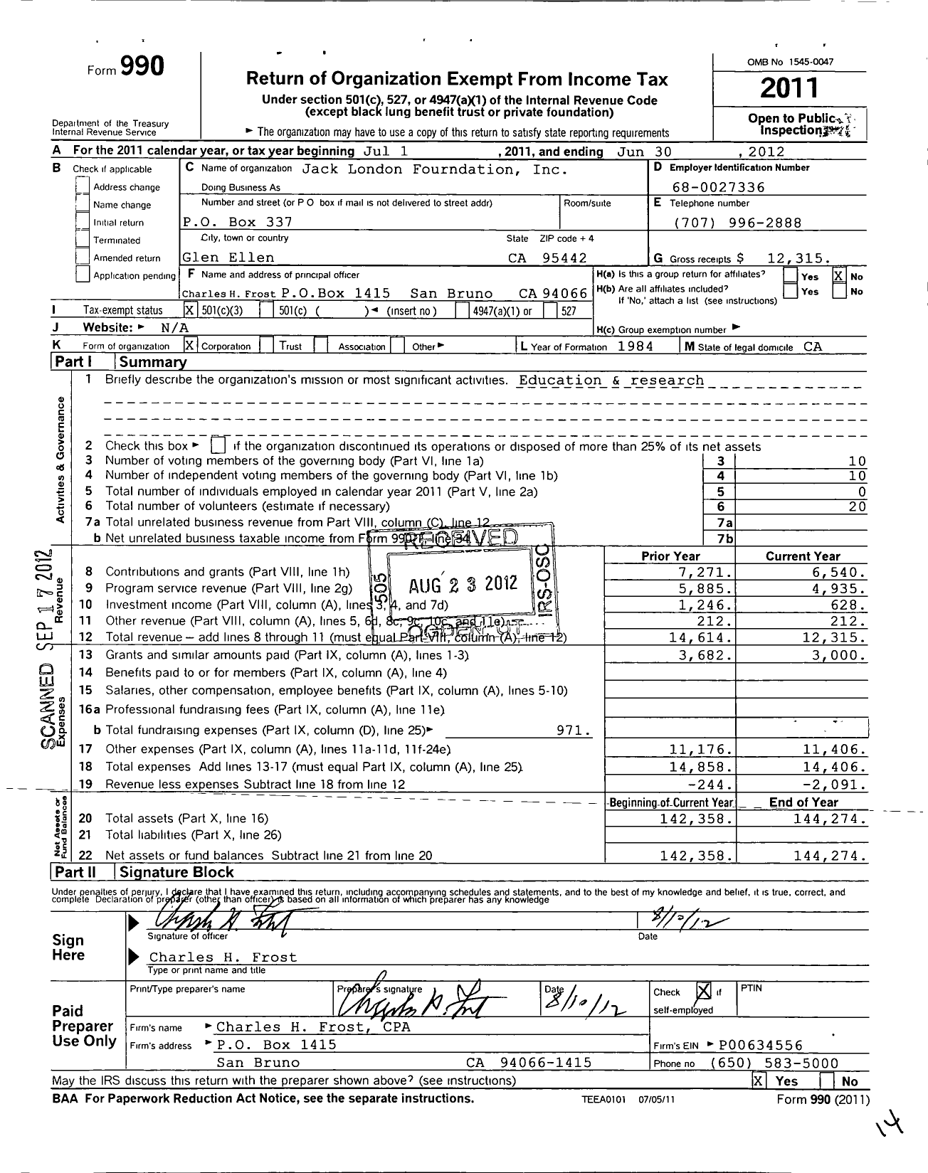 Image of first page of 2011 Form 990 for Jack London Foundation