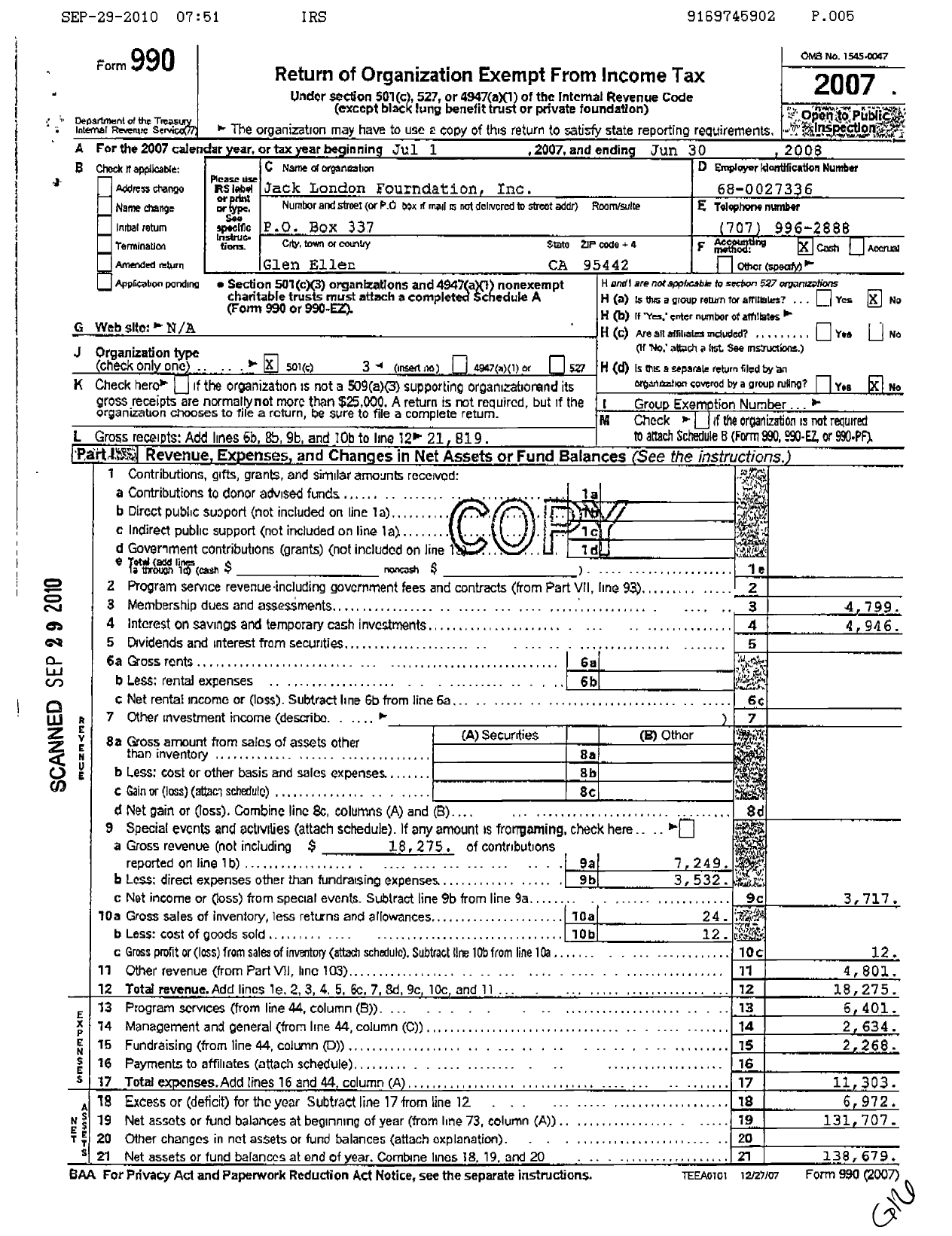 Image of first page of 2007 Form 990 for Jack London Foundation