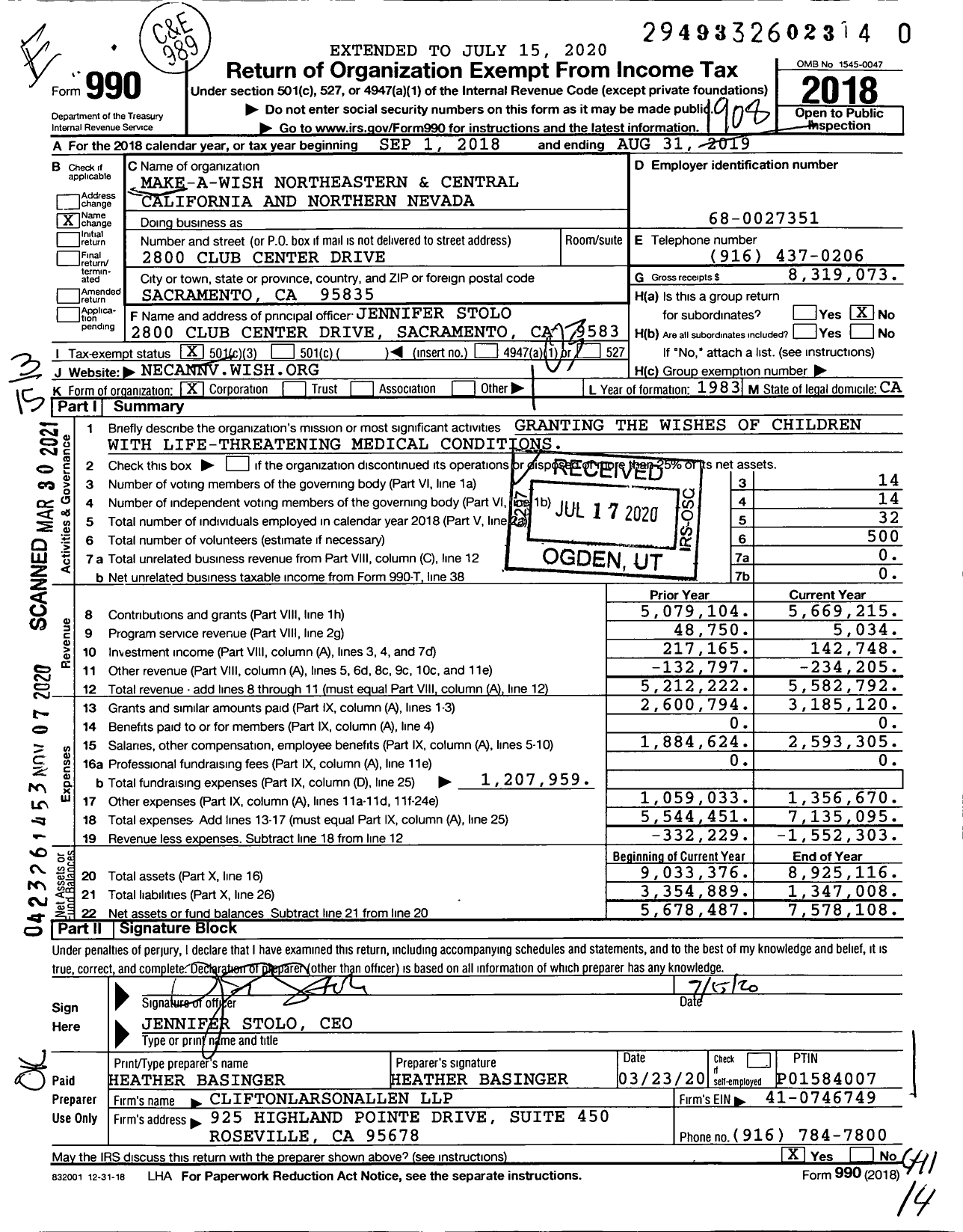 Image of first page of 2018 Form 990 for Make-A-Wish Northeastern and Central California and Northern Nevada