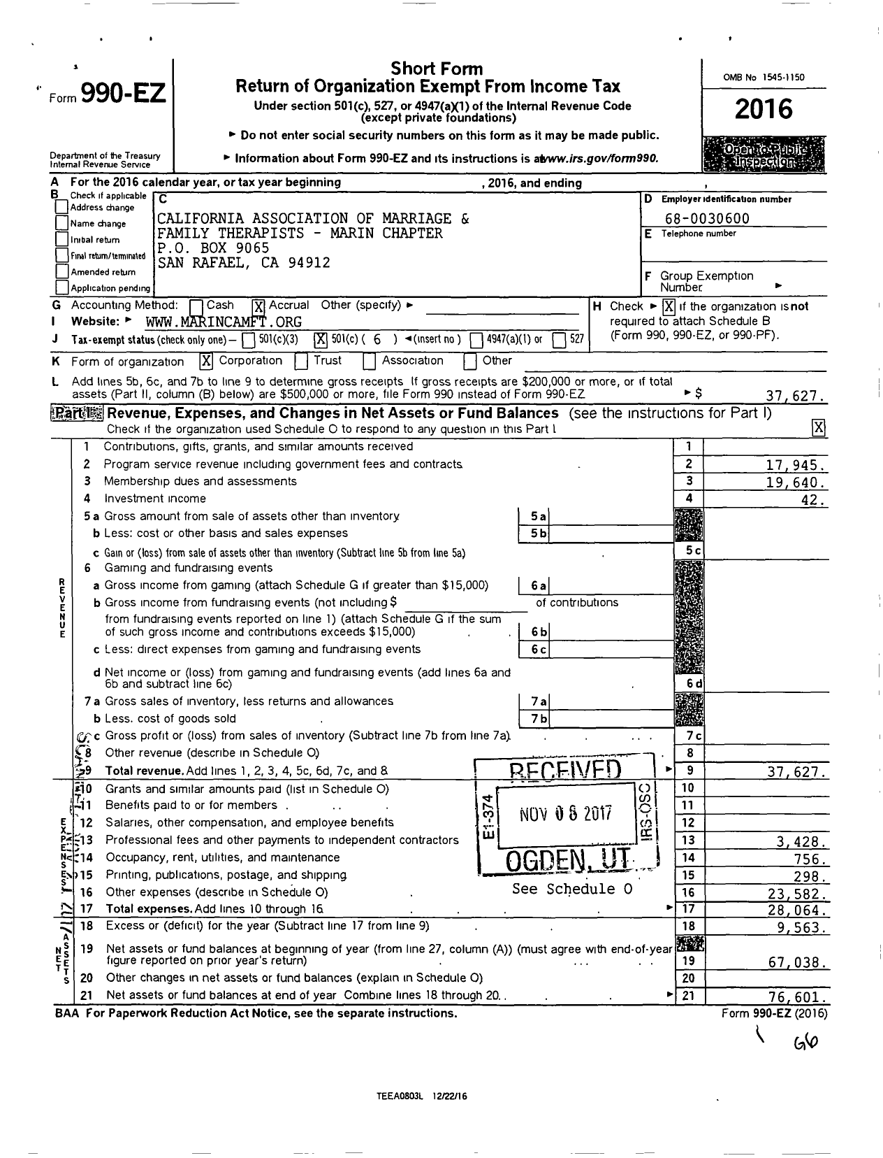 Image of first page of 2016 Form 990EO for California Association of Marriage and Family Therapists / Marin County Chapter