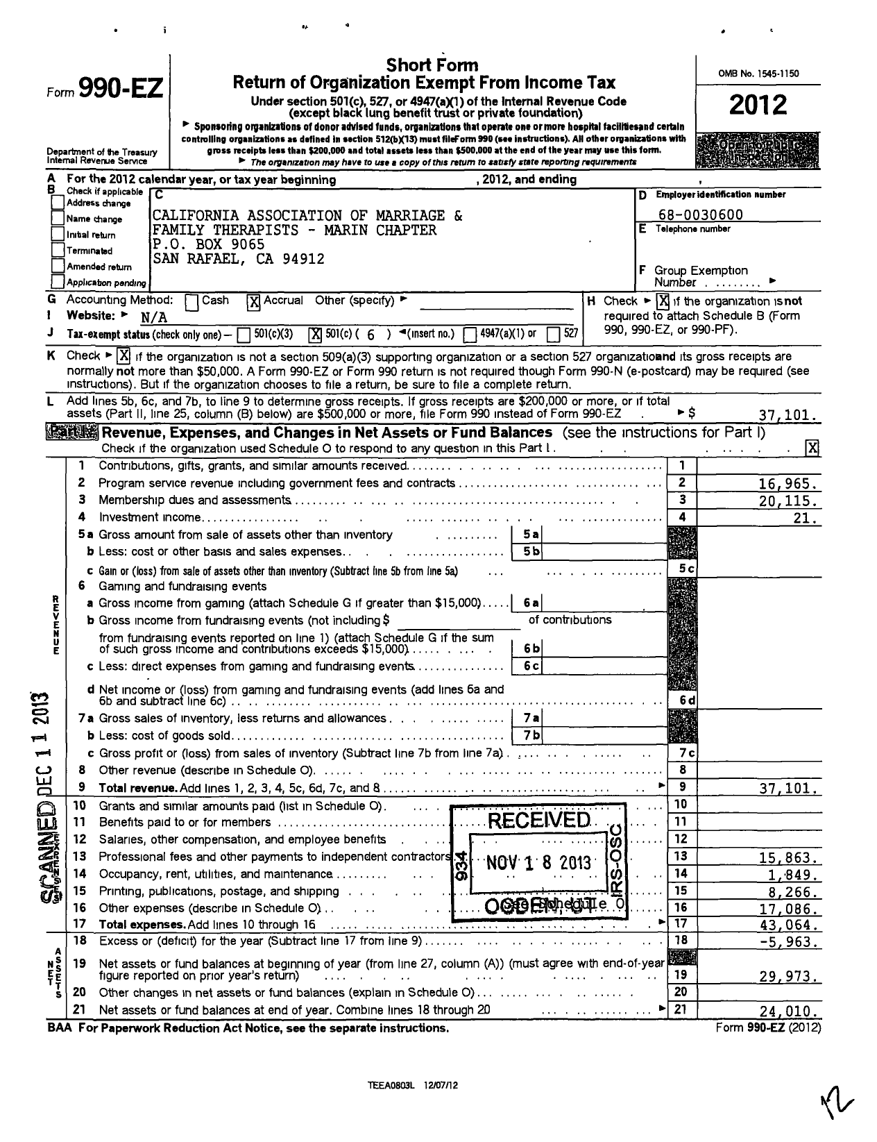 Image of first page of 2012 Form 990EO for California Association of Marriage and Family Therapists / Marin County Chapter