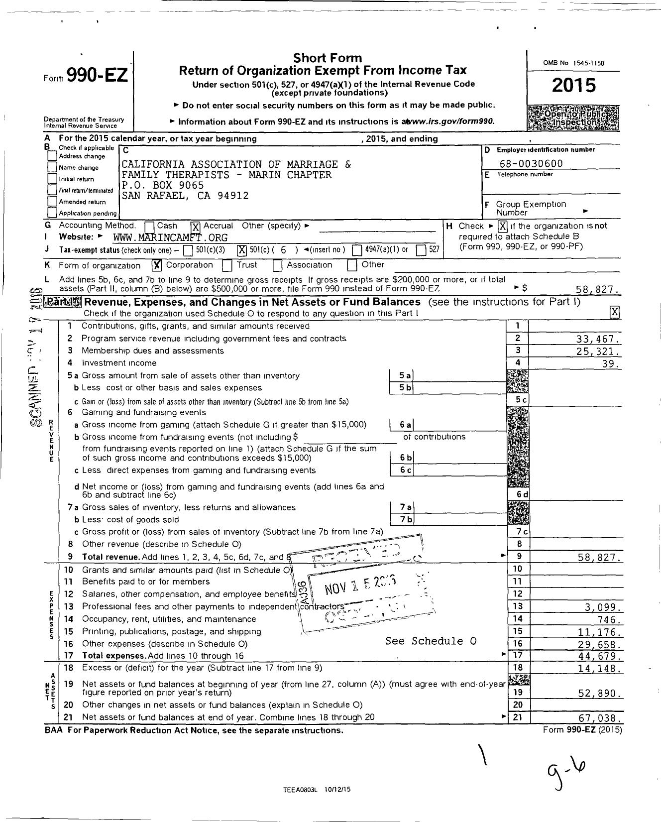 Image of first page of 2015 Form 990EO for California Association of Marriage and Family Therapists / Marin County Chapter