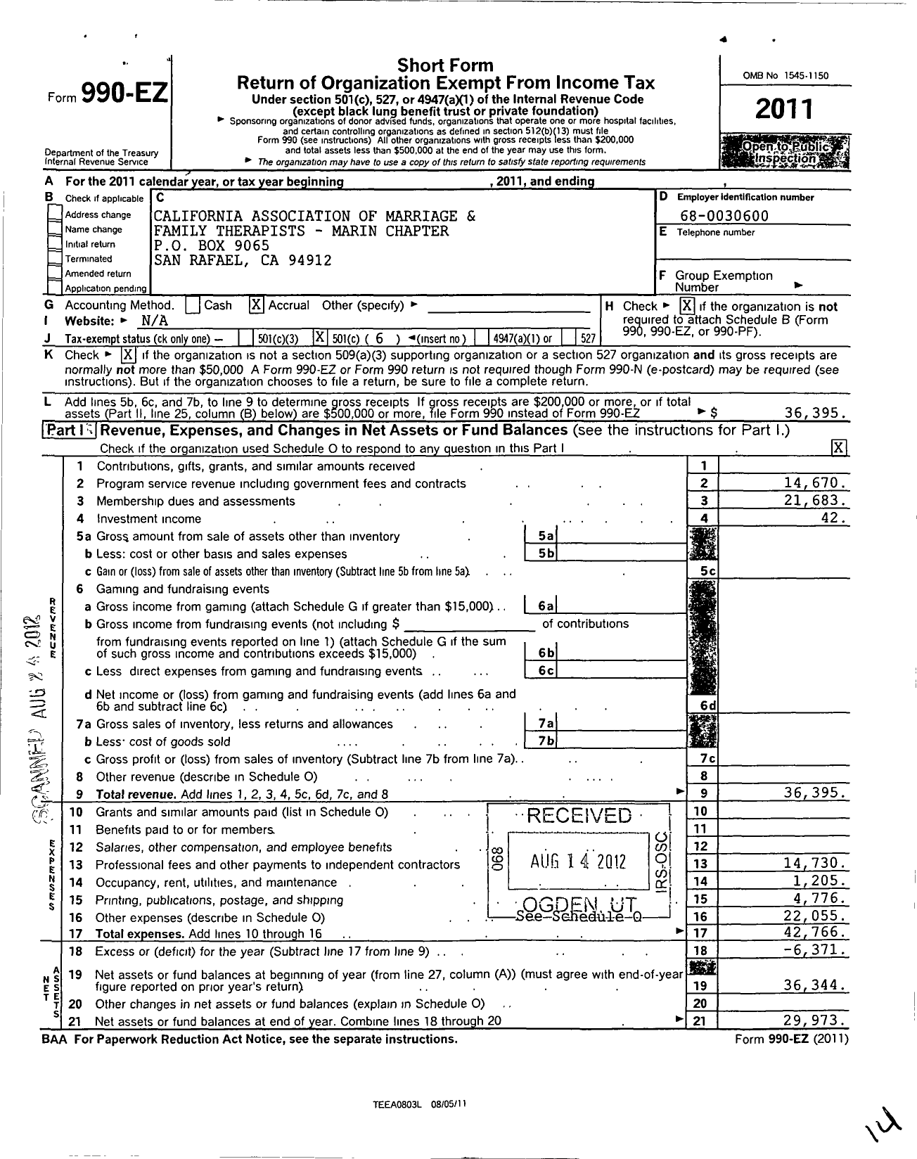 Image of first page of 2011 Form 990EO for California Association of Marriage and Family Therapists / Marin County Chapter