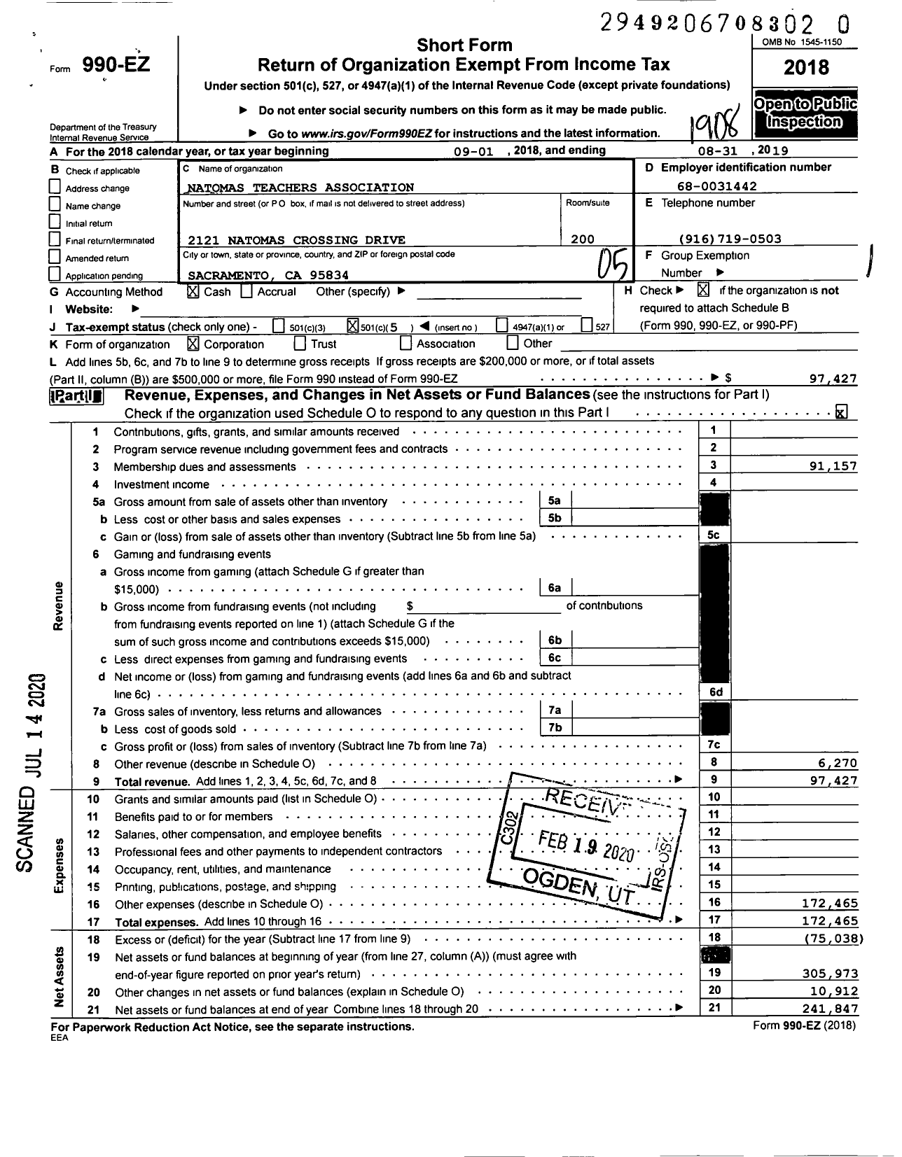 Image of first page of 2018 Form 990EO for California Teachers Association - Natomas Ta