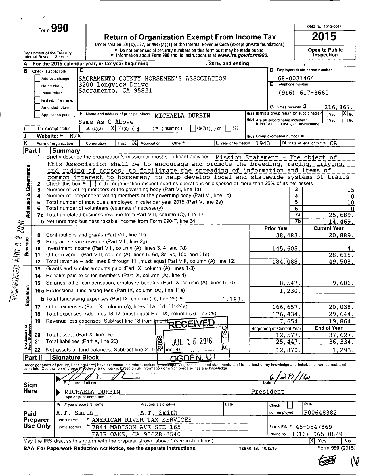 Image of first page of 2015 Form 990O for Sacramento County Horsemens Association