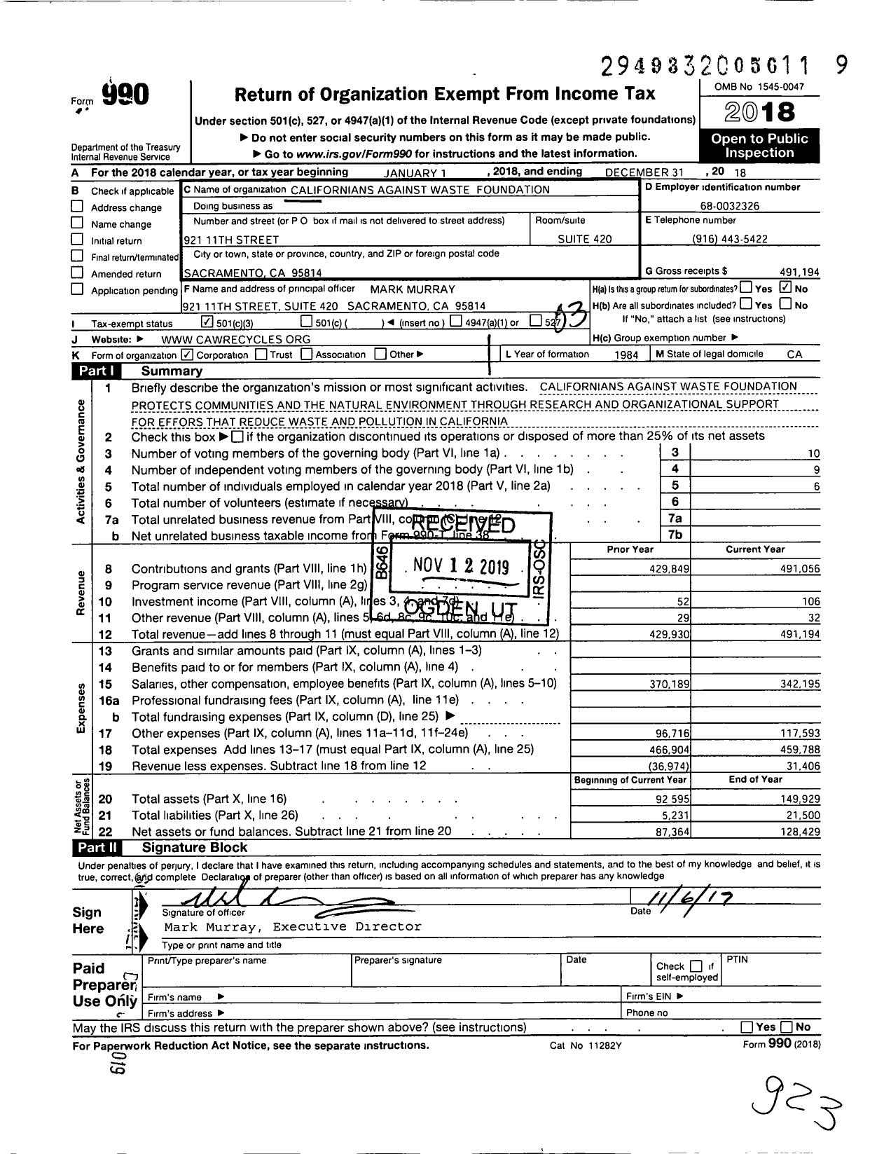 Image of first page of 2018 Form 990 for Californians Against Waste Foundation (CAW)