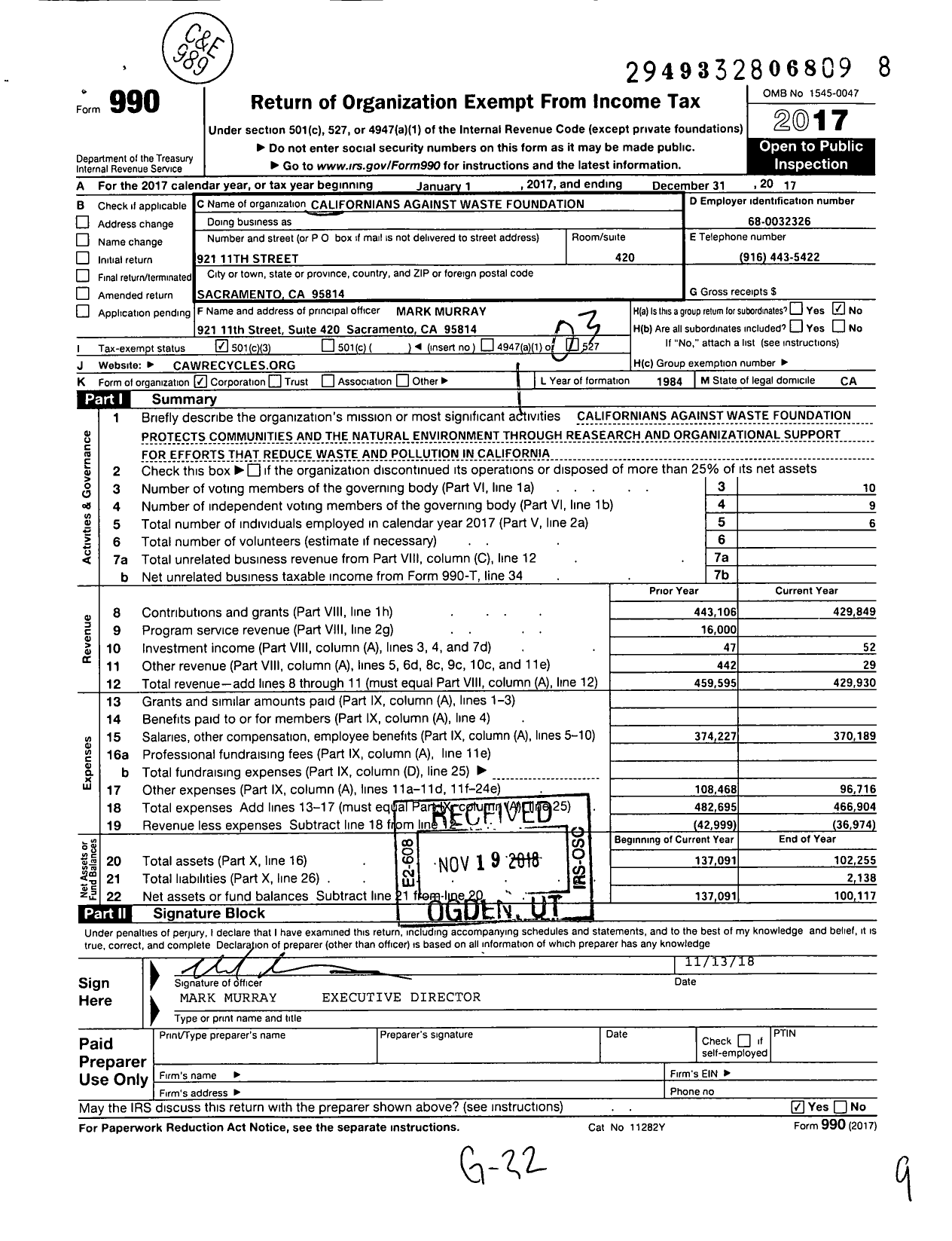 Image of first page of 2017 Form 990 for Californians Against Waste Foundation (CAW)