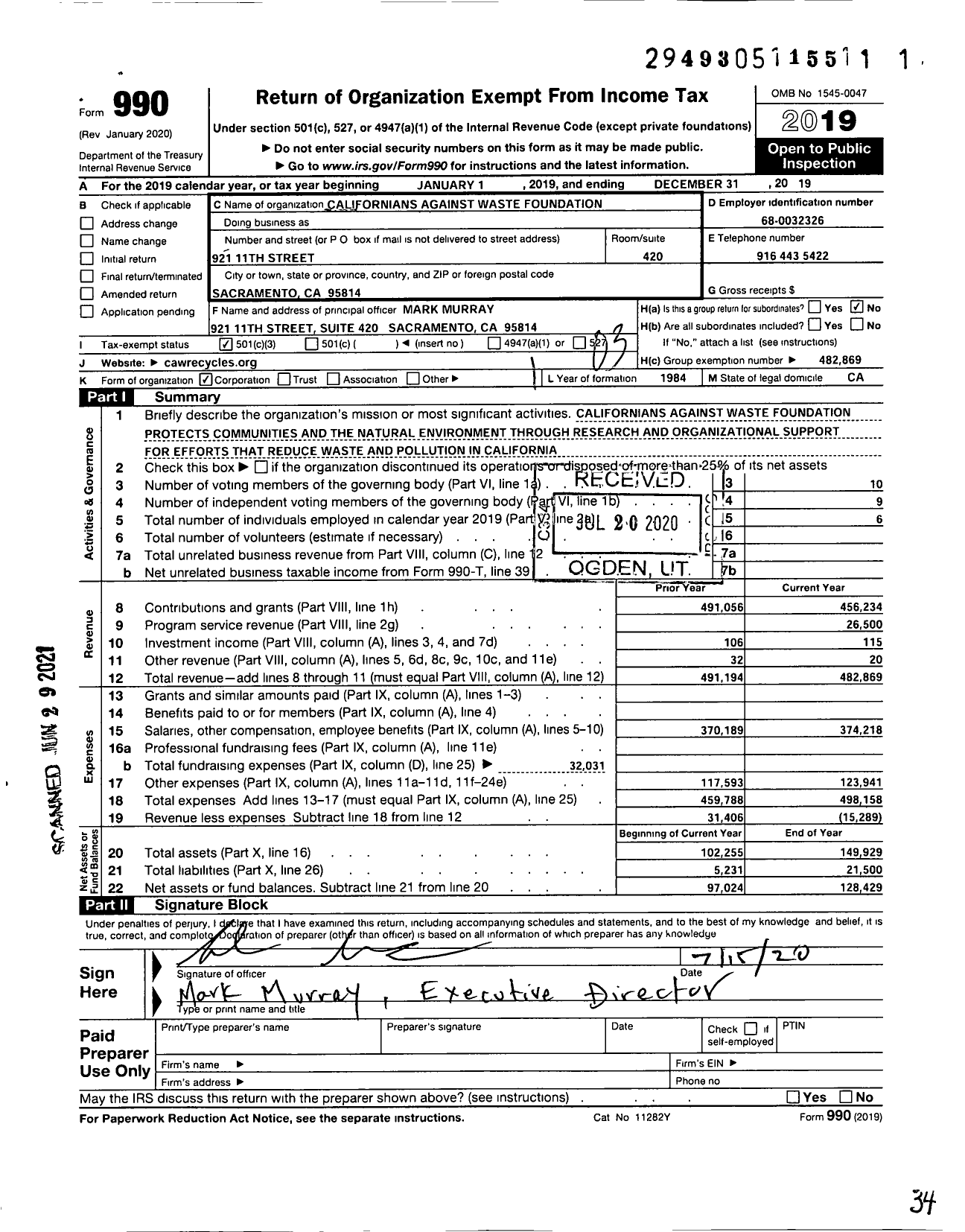 Image of first page of 2019 Form 990 for Californians Against Waste Foundation (CAW)