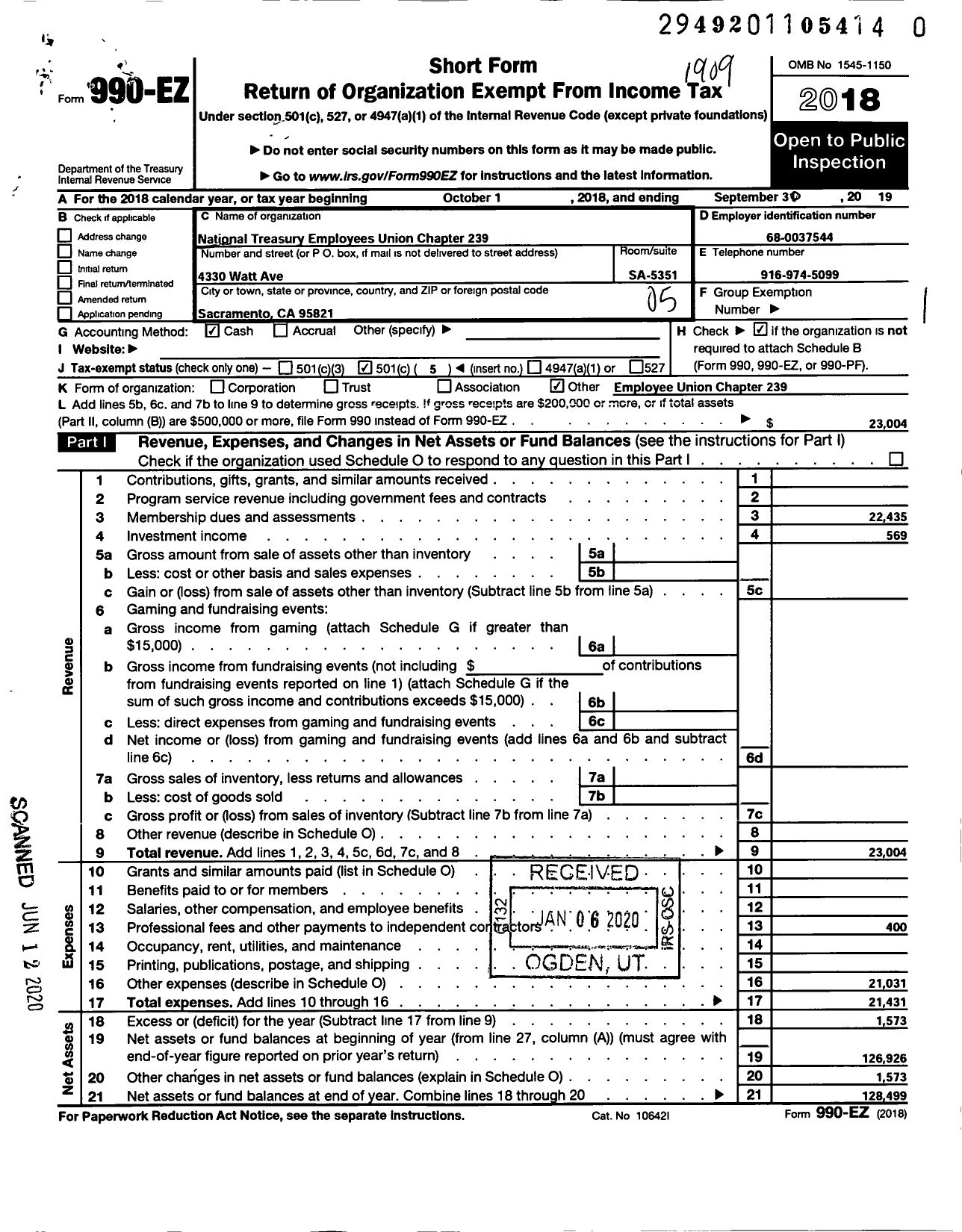 Image of first page of 2018 Form 990EO for National Treasury Employees Union - 239 Chapter Nteu