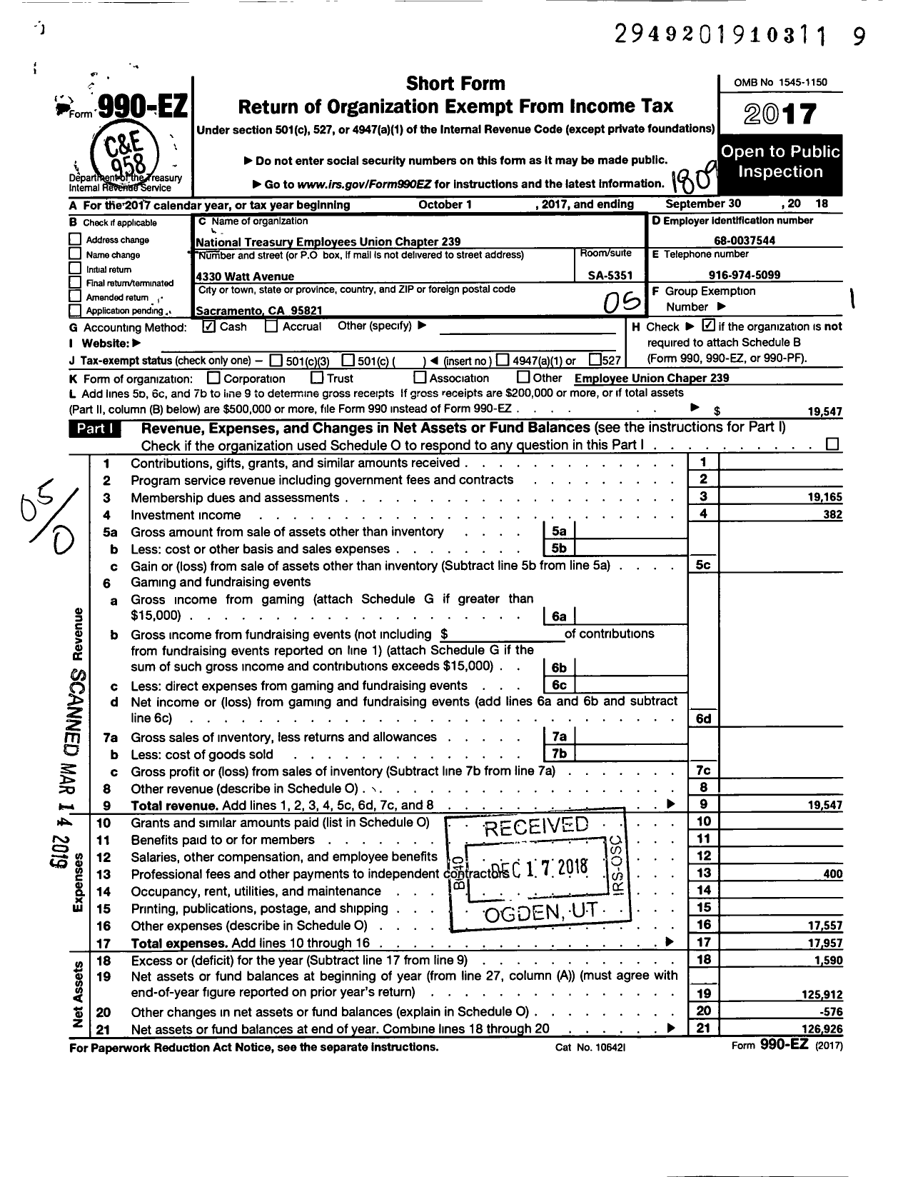 Image of first page of 2017 Form 990EO for National Treasury Employees Union - 239 Chapter Nteu