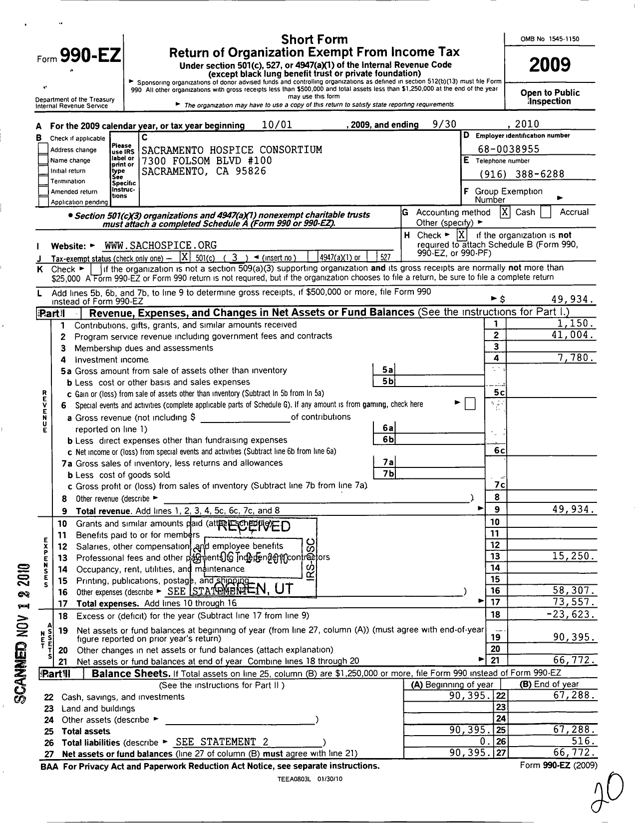 Image of first page of 2009 Form 990EZ for Sacramento Hospice Consortium