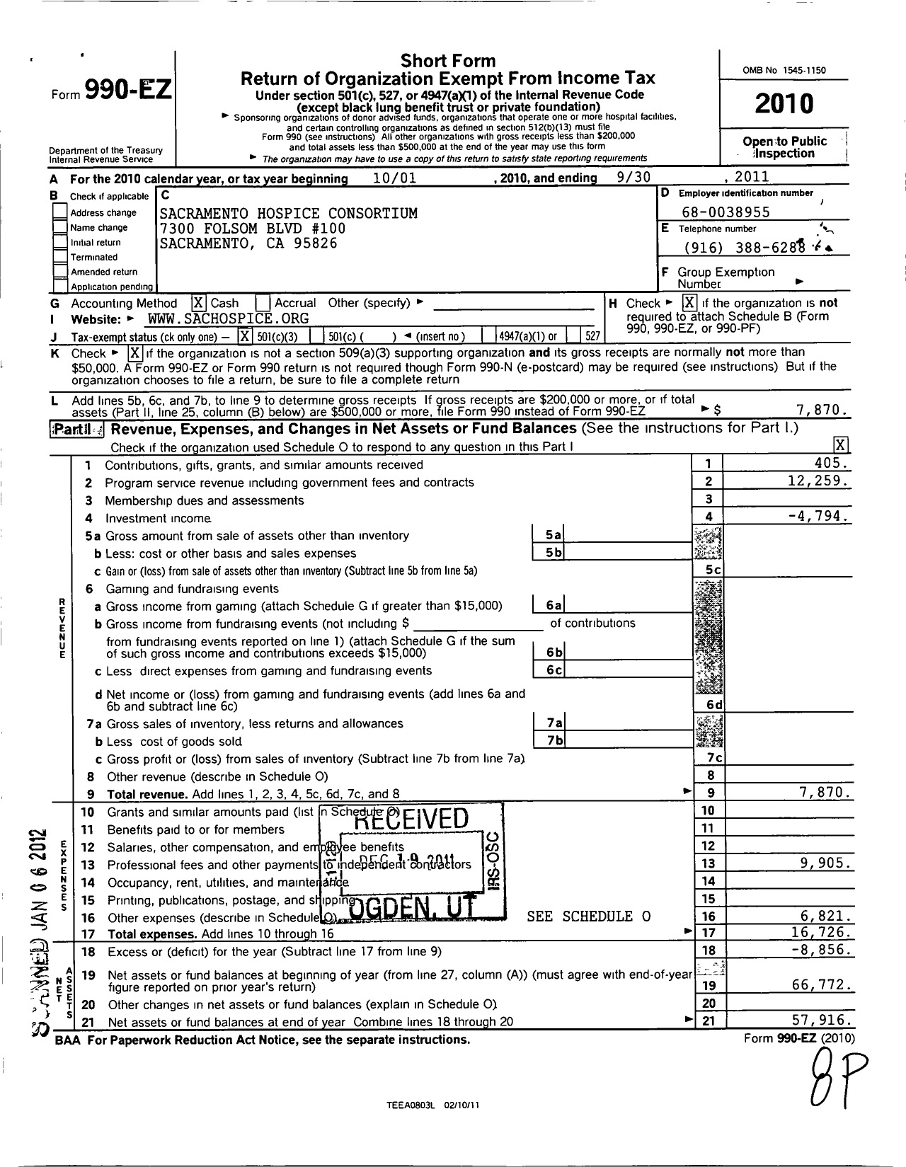 Image of first page of 2010 Form 990EZ for Sacramento Hospice Consortium