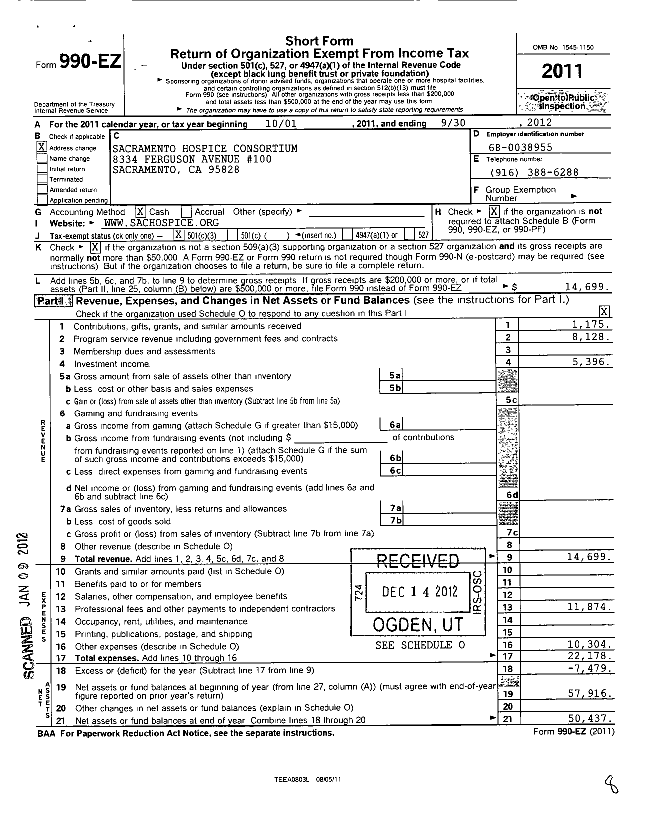 Image of first page of 2011 Form 990EZ for Sacramento Hospice Consortium