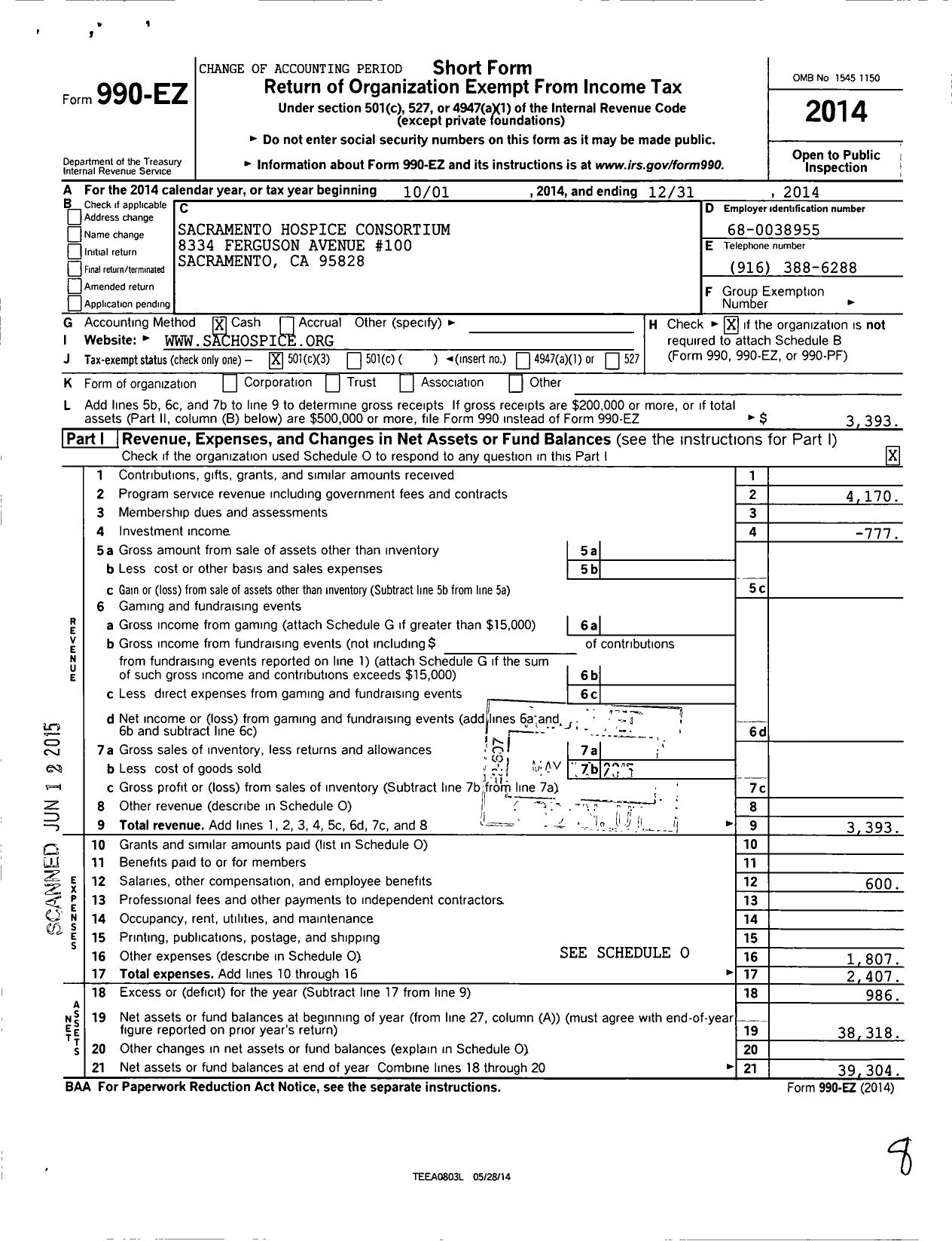 Image of first page of 2014 Form 990EZ for Sacramento Hospice Consortium