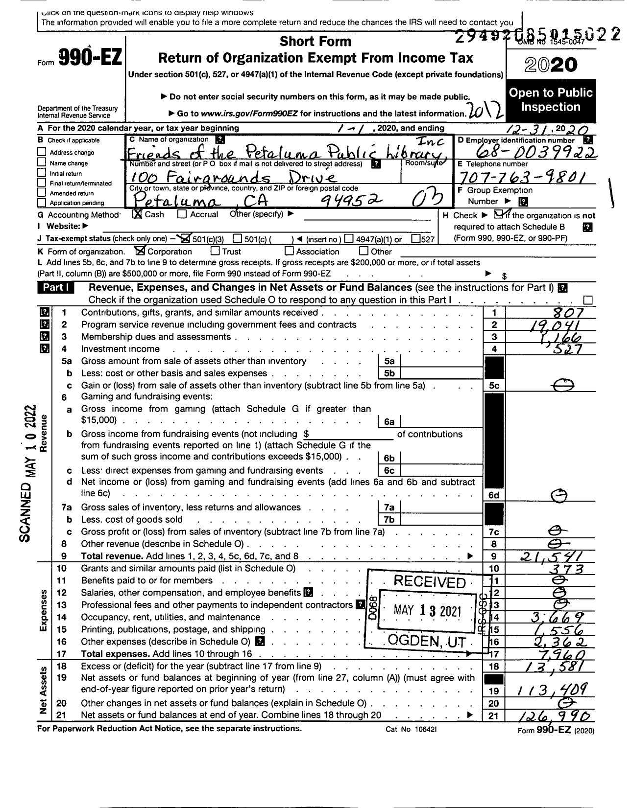 Image of first page of 2020 Form 990EZ for Friends of the Petaluma Public Library