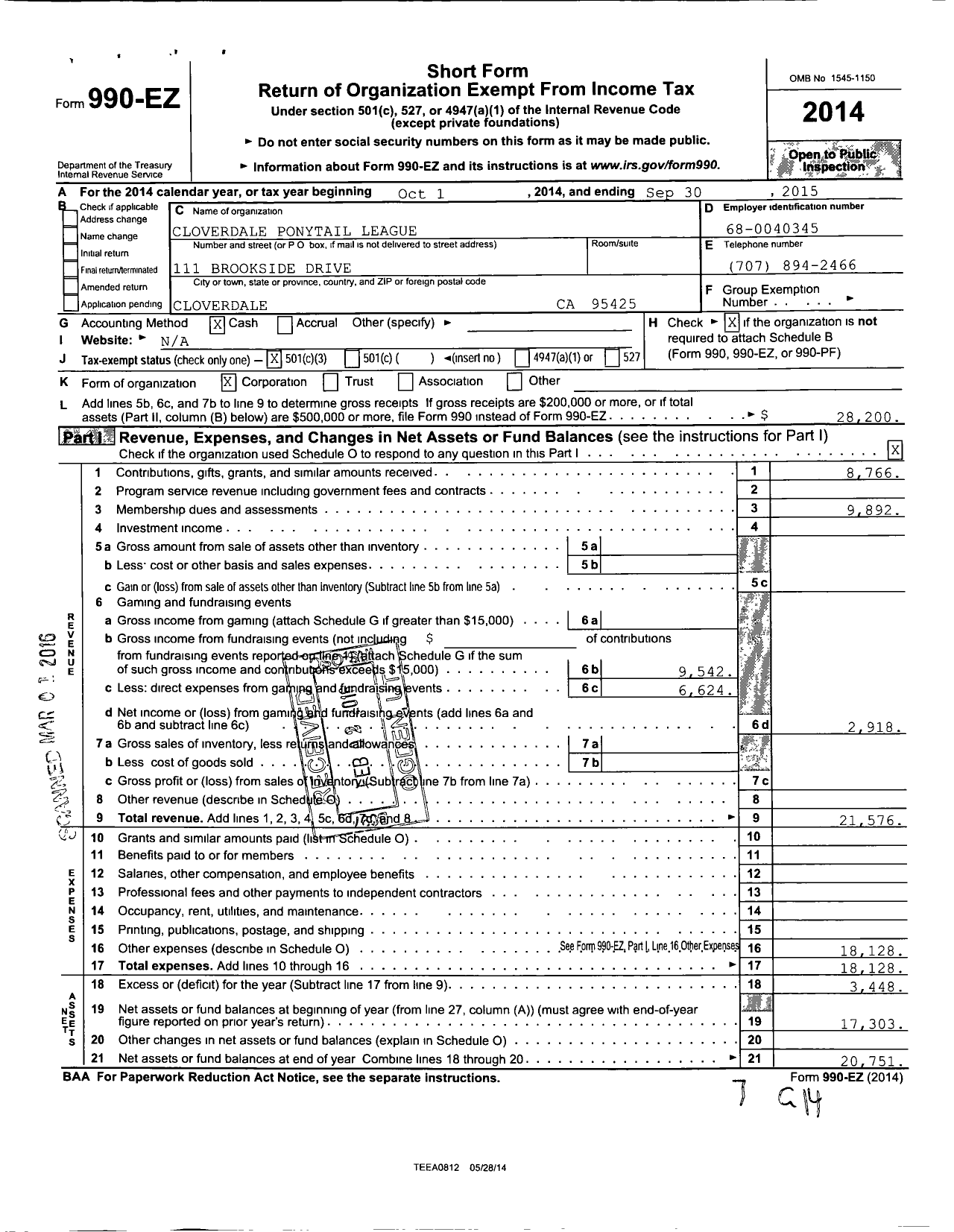 Image of first page of 2014 Form 990EZ for Cloverdale Ponytail League