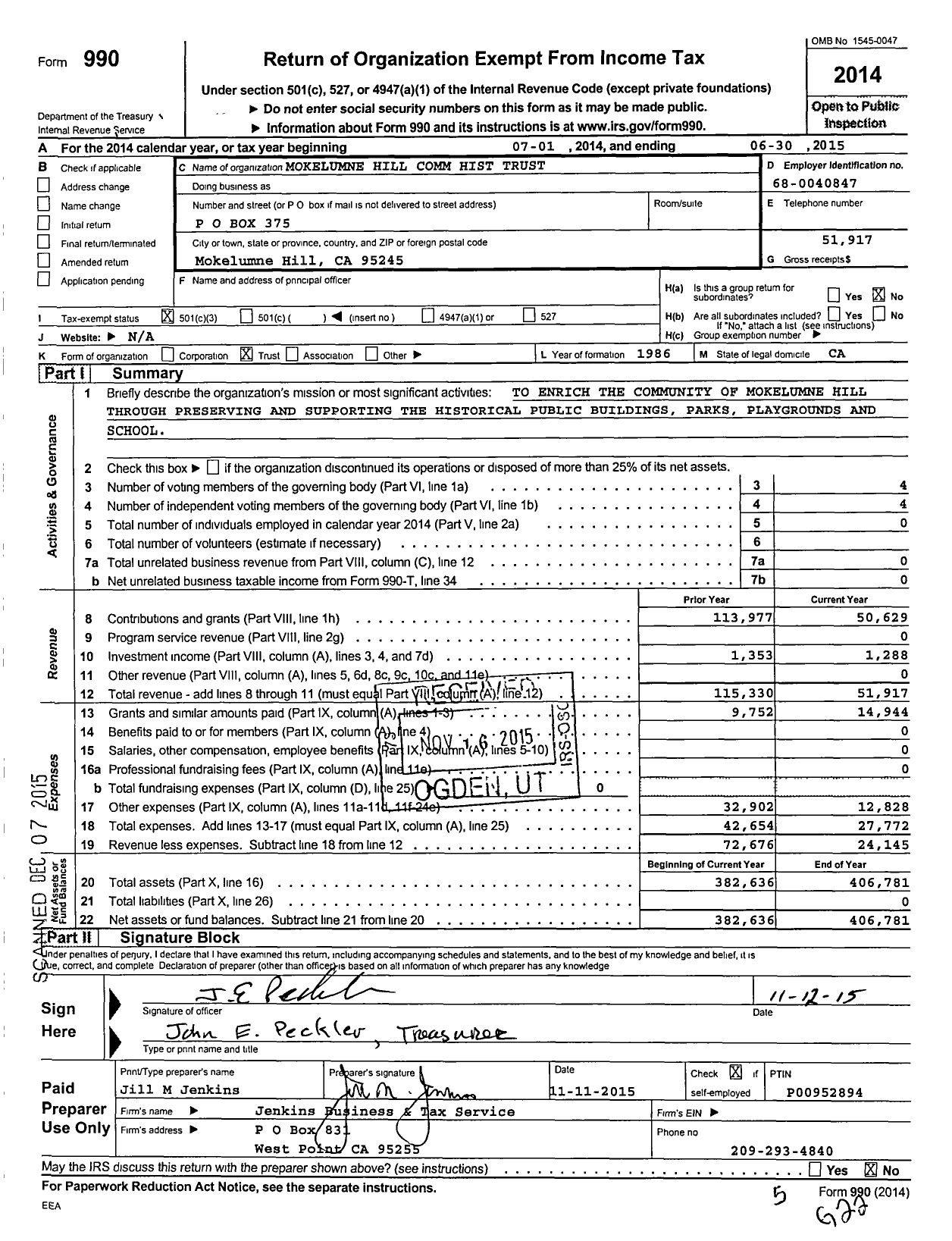 Image of first page of 2014 Form 990 for Mokelumne Hill Community Historical Trust