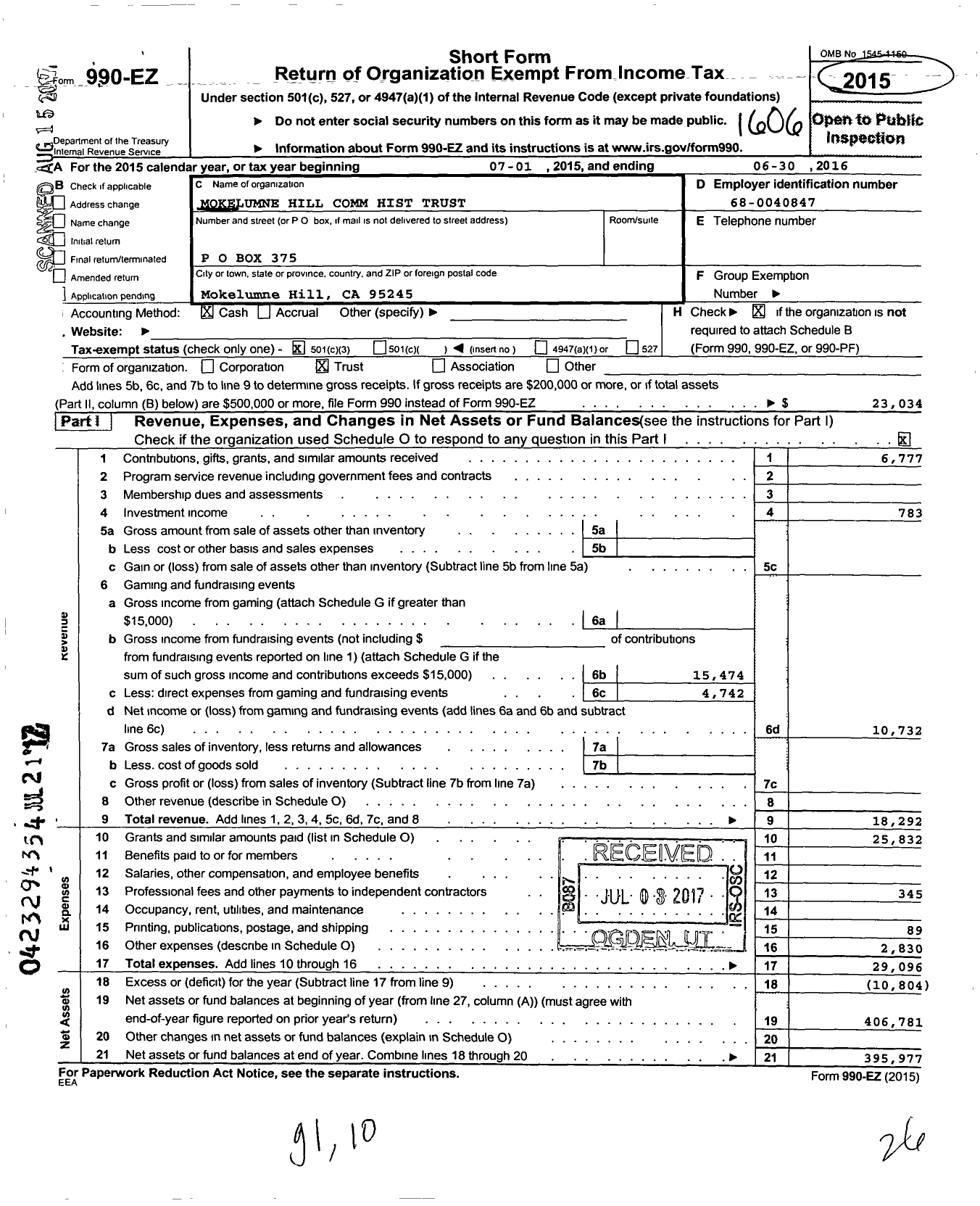 Image of first page of 2015 Form 990EZ for Mokelumne Hill Community Historical Trust