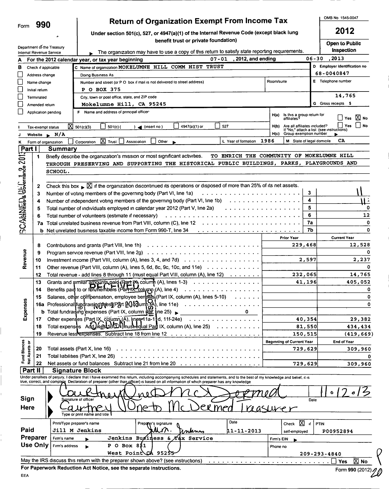 Image of first page of 2012 Form 990 for Mokelumne Hill Community Historical Trust