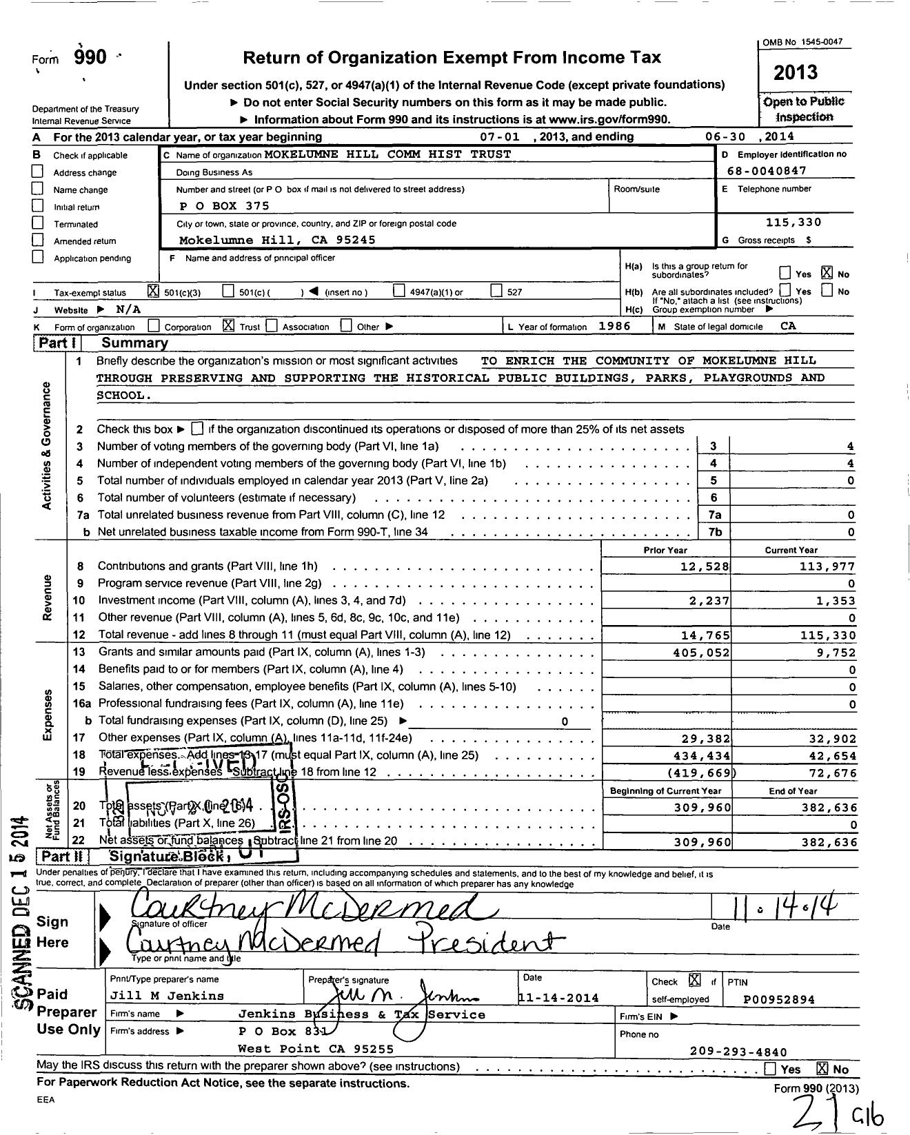 Image of first page of 2013 Form 990 for Mokelumne Hill Community Historical Trust