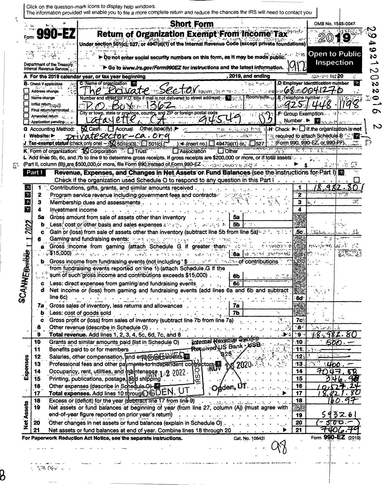 Image of first page of 2019 Form 990EZ for Private Sector