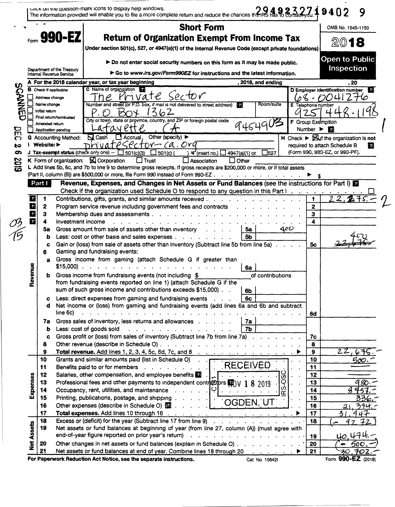 Image of first page of 2018 Form 990EZ for Private Sector