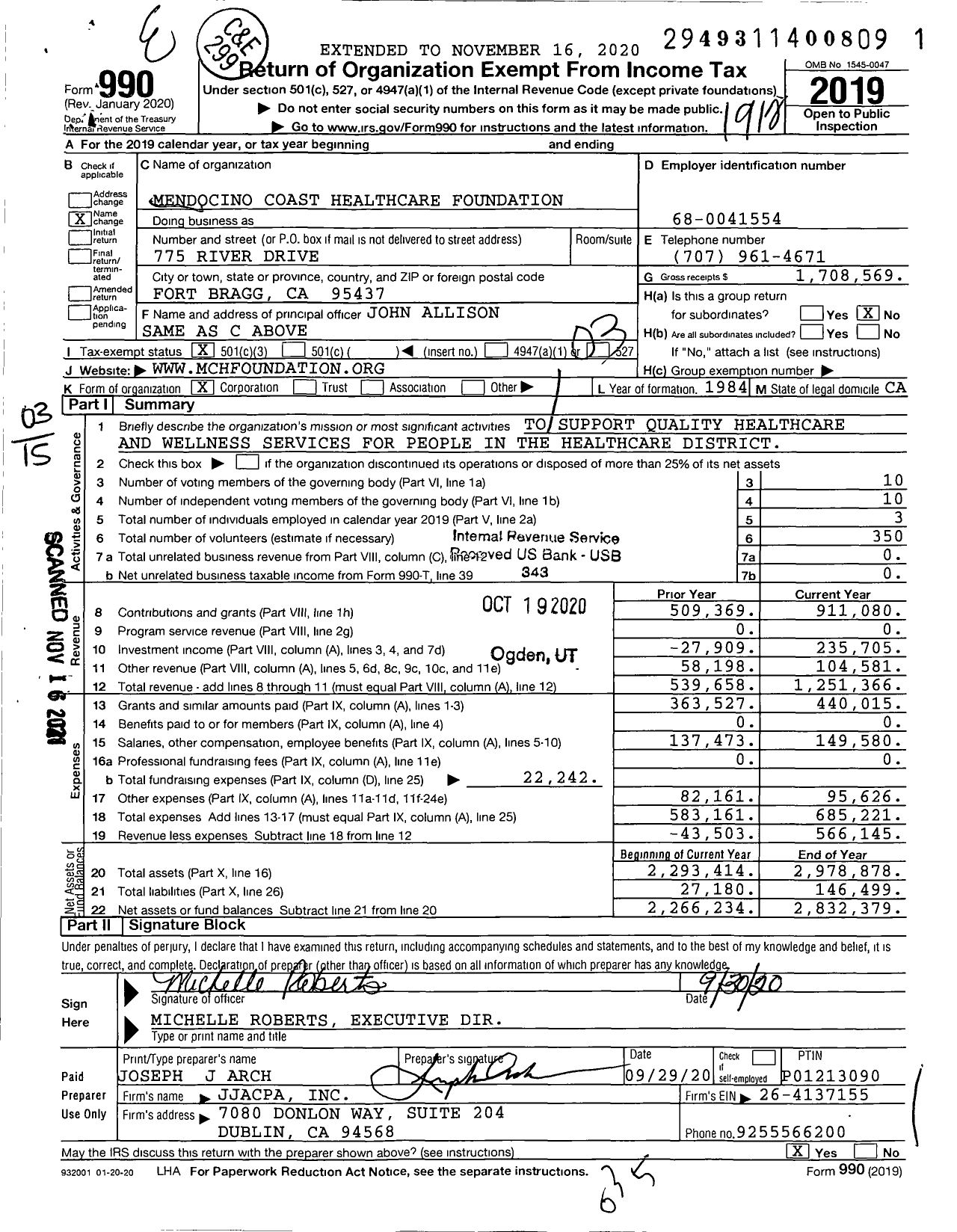 Image of first page of 2019 Form 990 for Mendocino Coast Healthcare Foundation