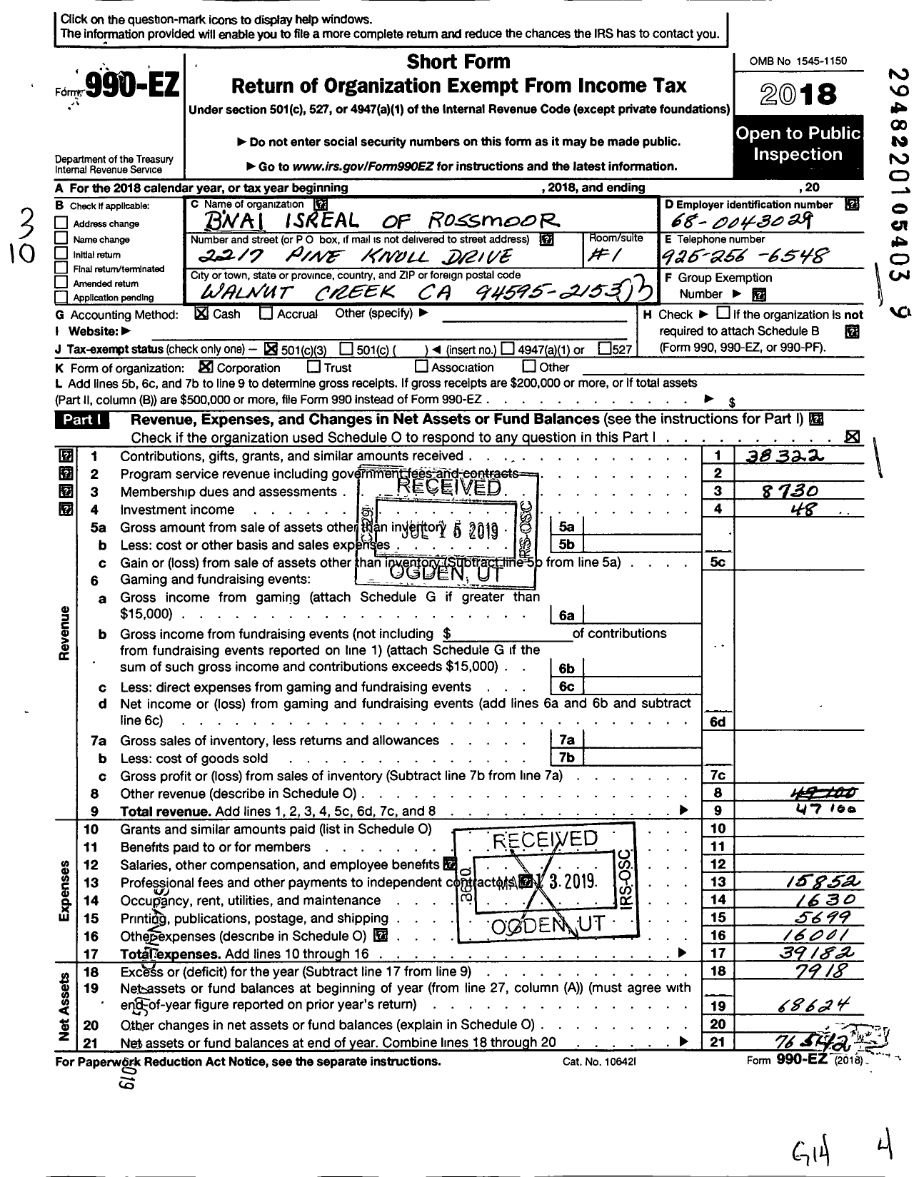 Image of first page of 2018 Form 990EZ for Bnai Isreal of Rossmoor