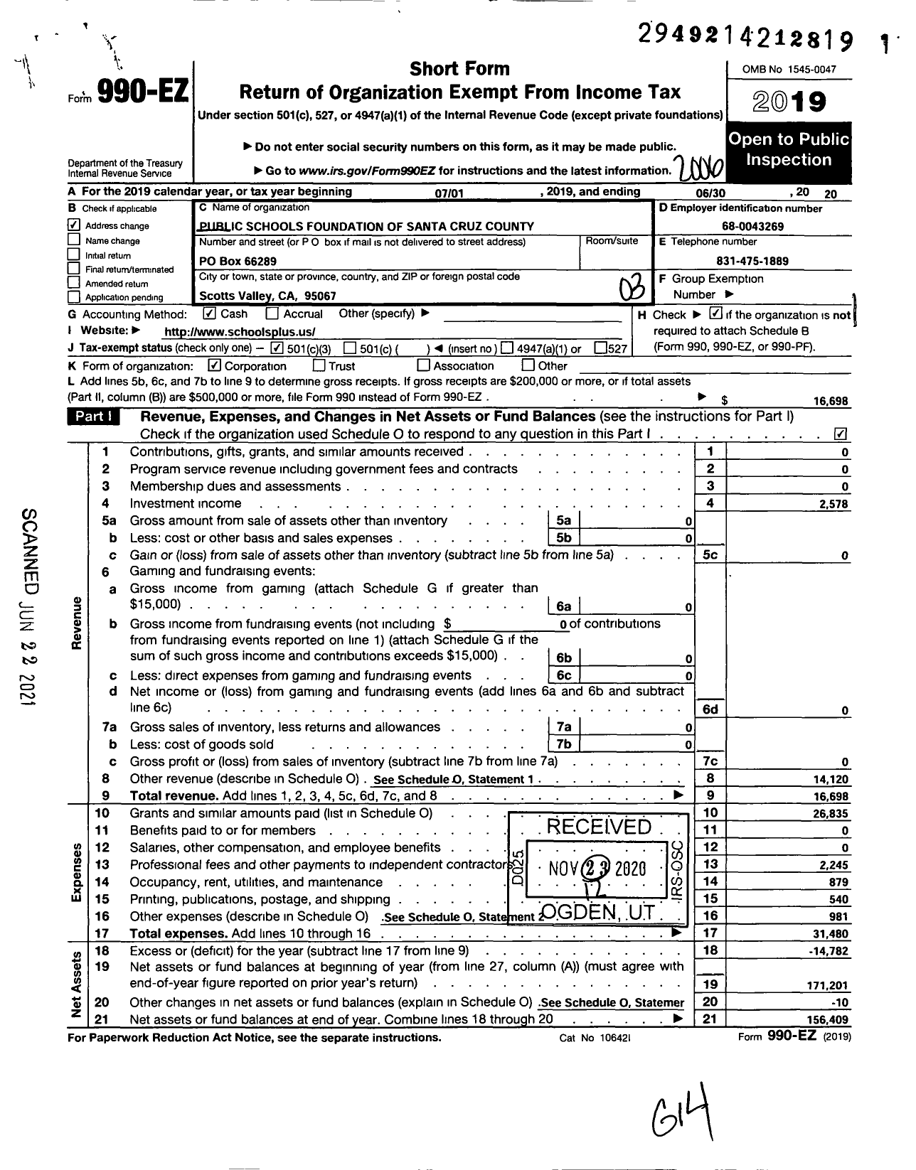 Image of first page of 2019 Form 990EZ for Public Schools Foundation of Santa Cruz County