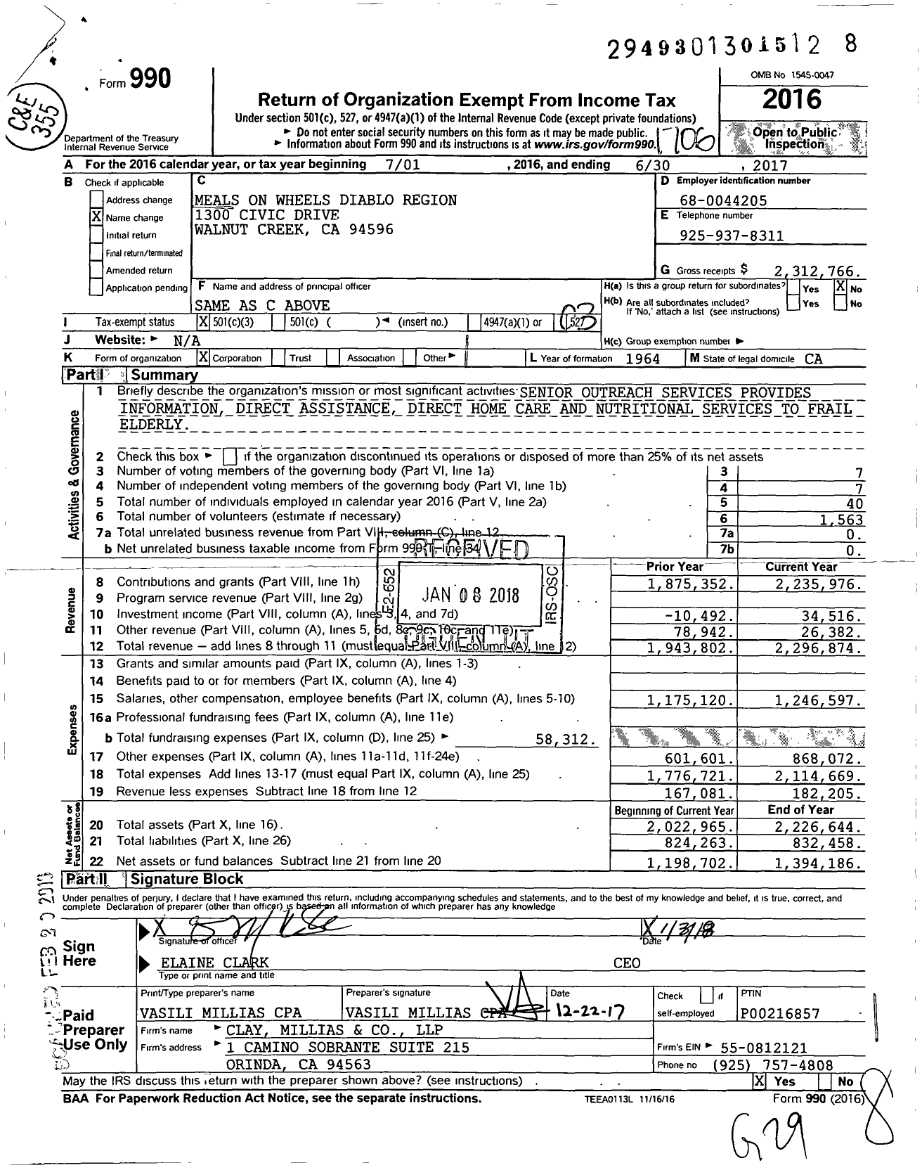 Image of first page of 2016 Form 990 for Meals on Wheels Diablo Region