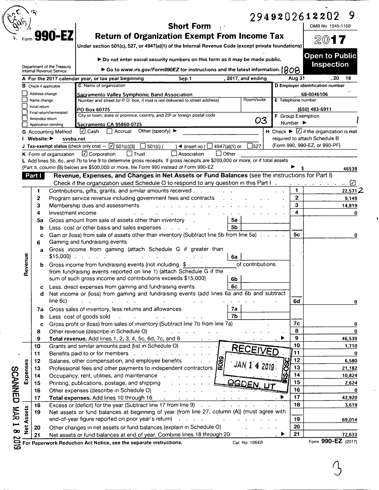 Image of first page of 2017 Form 990EZ for Sacramento Valley Symphonic Band Association