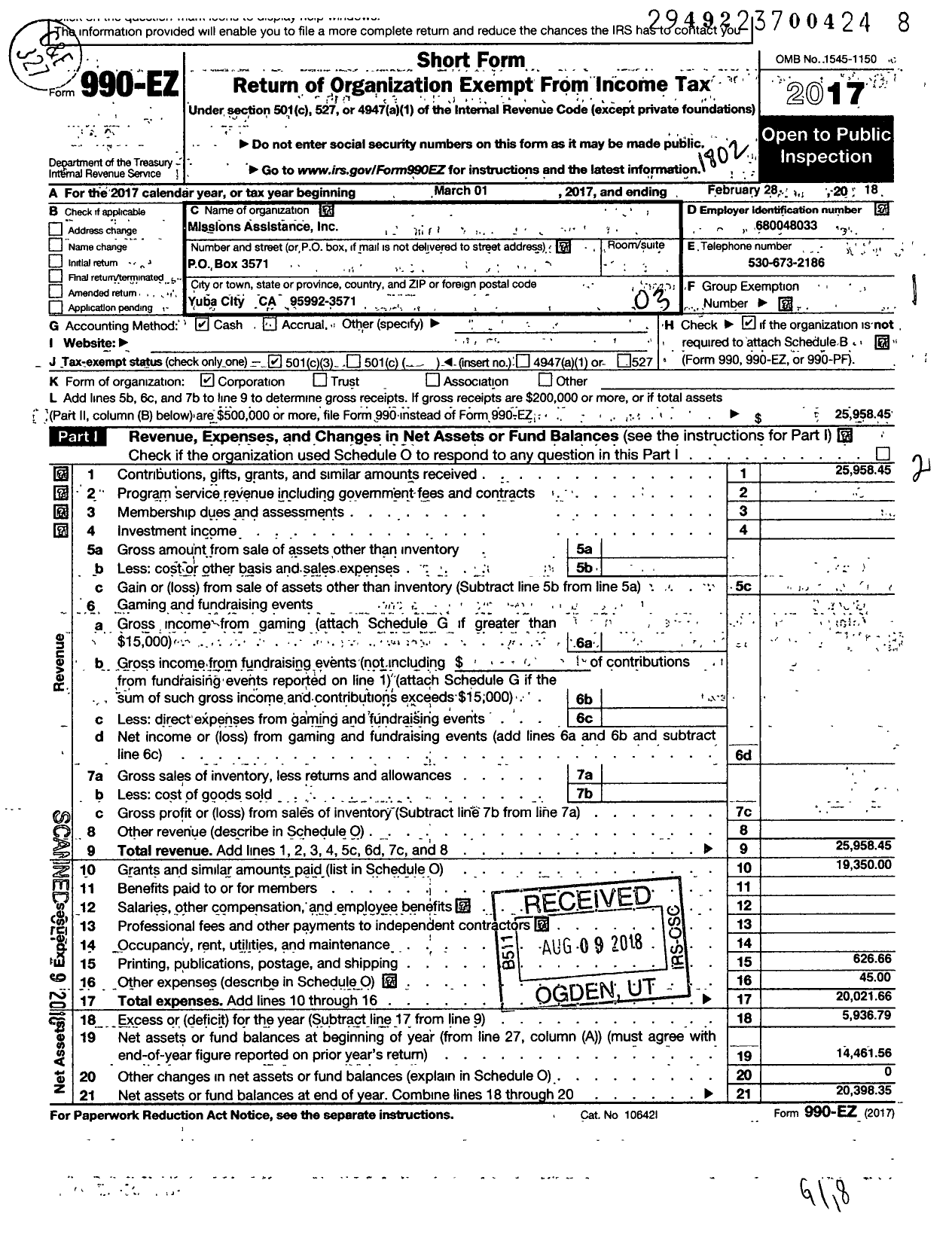 Image of first page of 2017 Form 990EZ for Missions Assistance