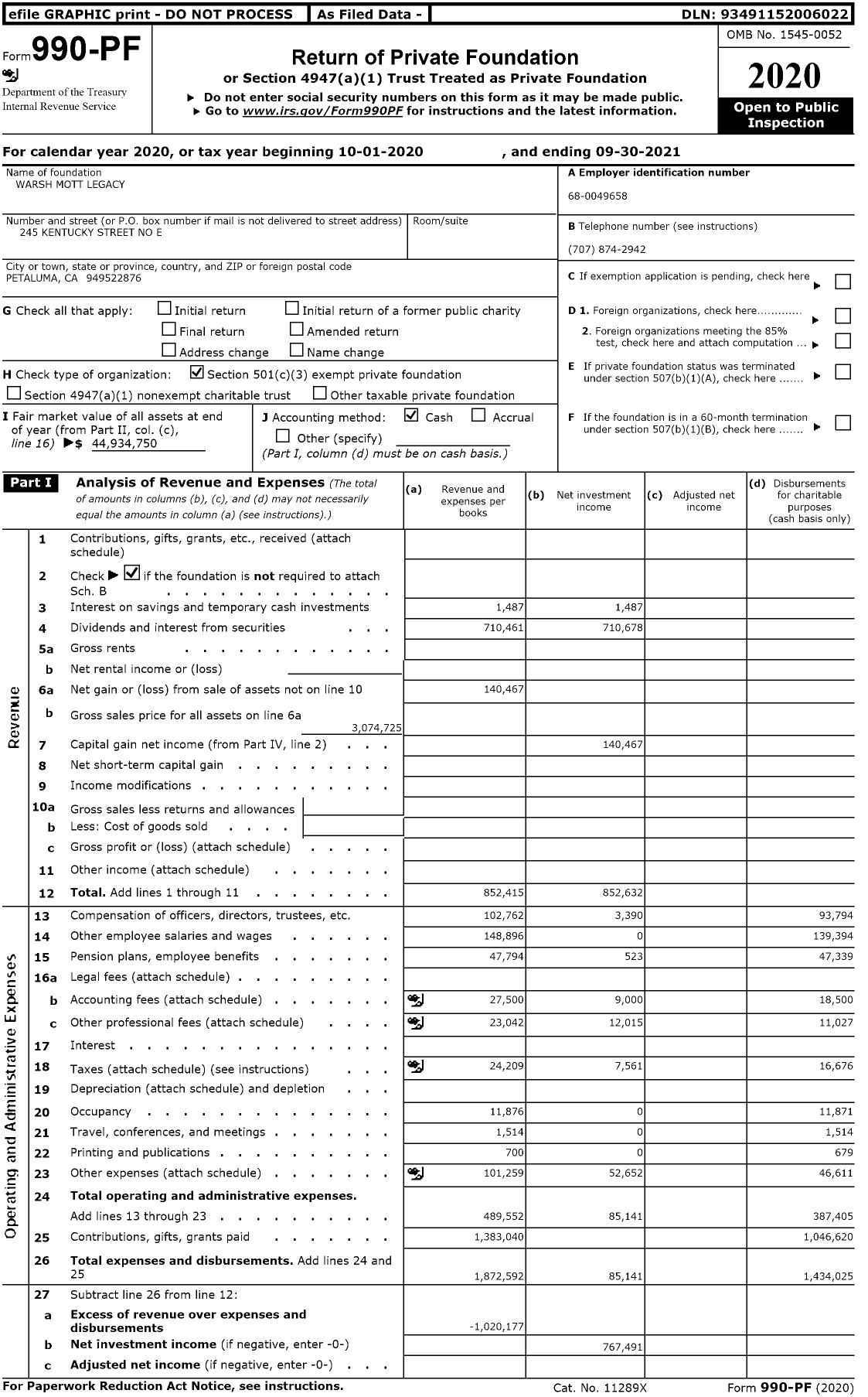 Image of first page of 2020 Form 990PF for CS Fund and Warsh-Mott Legacy (csf/wml)