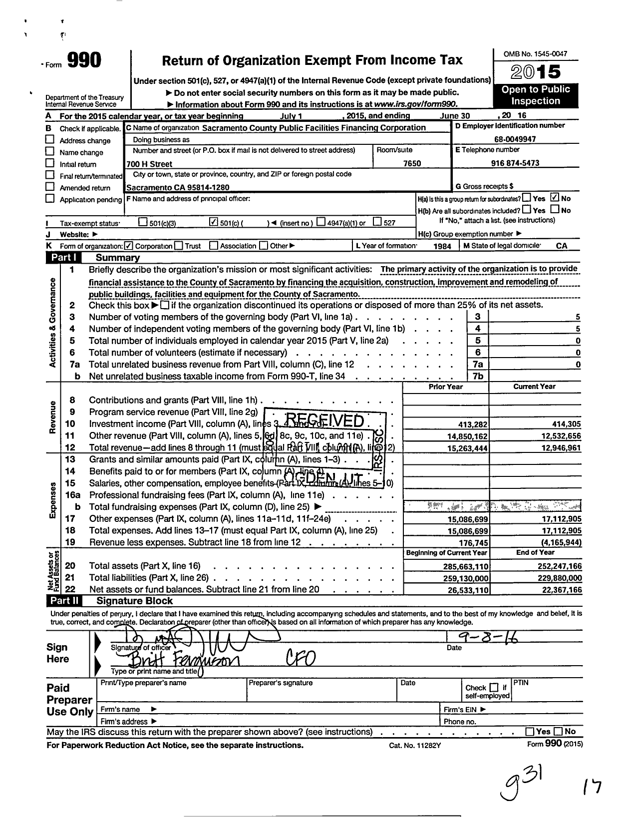 Image of first page of 2015 Form 990 for Sacramento County Public Facilities Financing Corporation