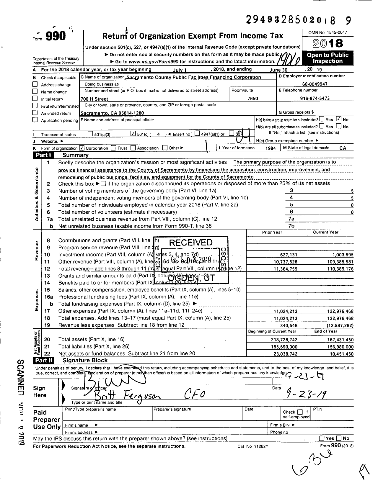 Image of first page of 2018 Form 990O for Sacramento County Public Facilities Financing