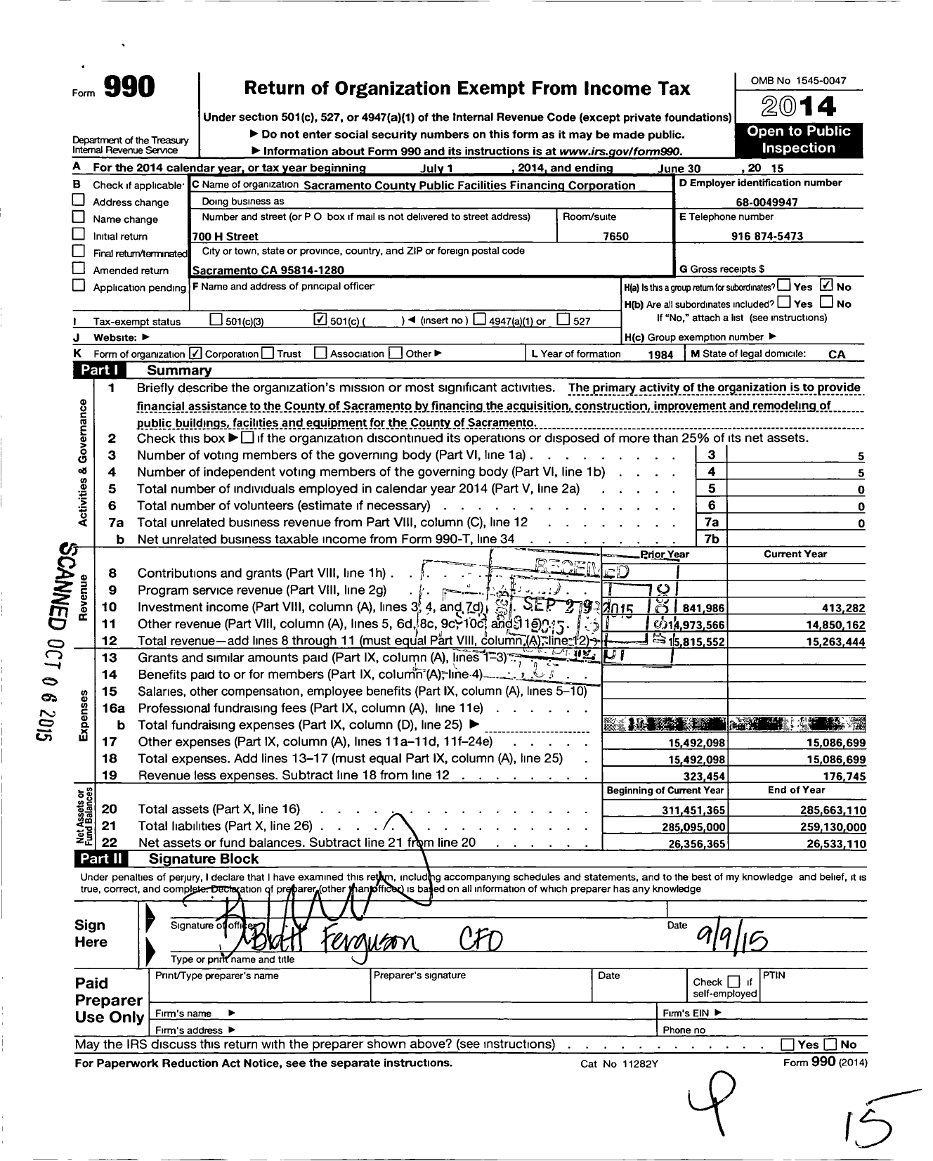 Image of first page of 2014 Form 990O for Sacramento County Public Facilities Financing Corporation