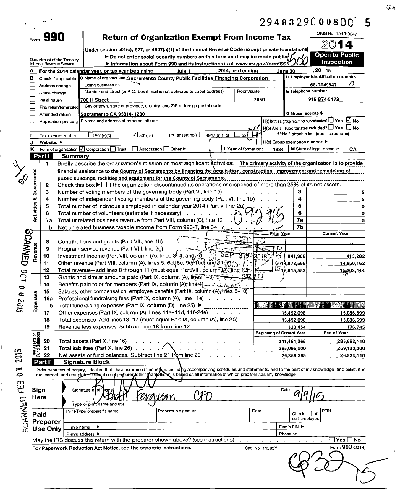 Image of first page of 2014 Form 990O for Sacramento County Public Facilities Financing