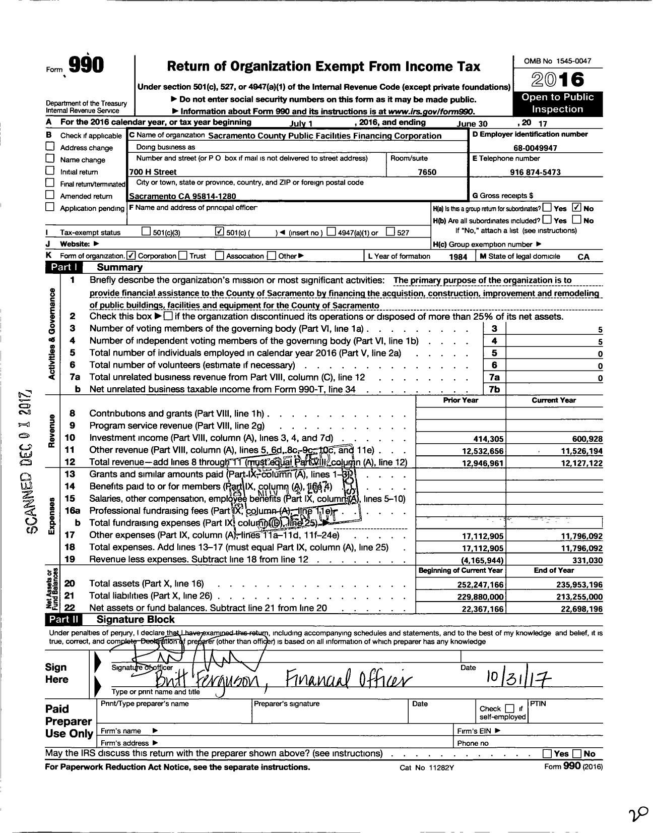 Image of first page of 2016 Form 990O for Sacramento County Public Facilities Financing Corporation