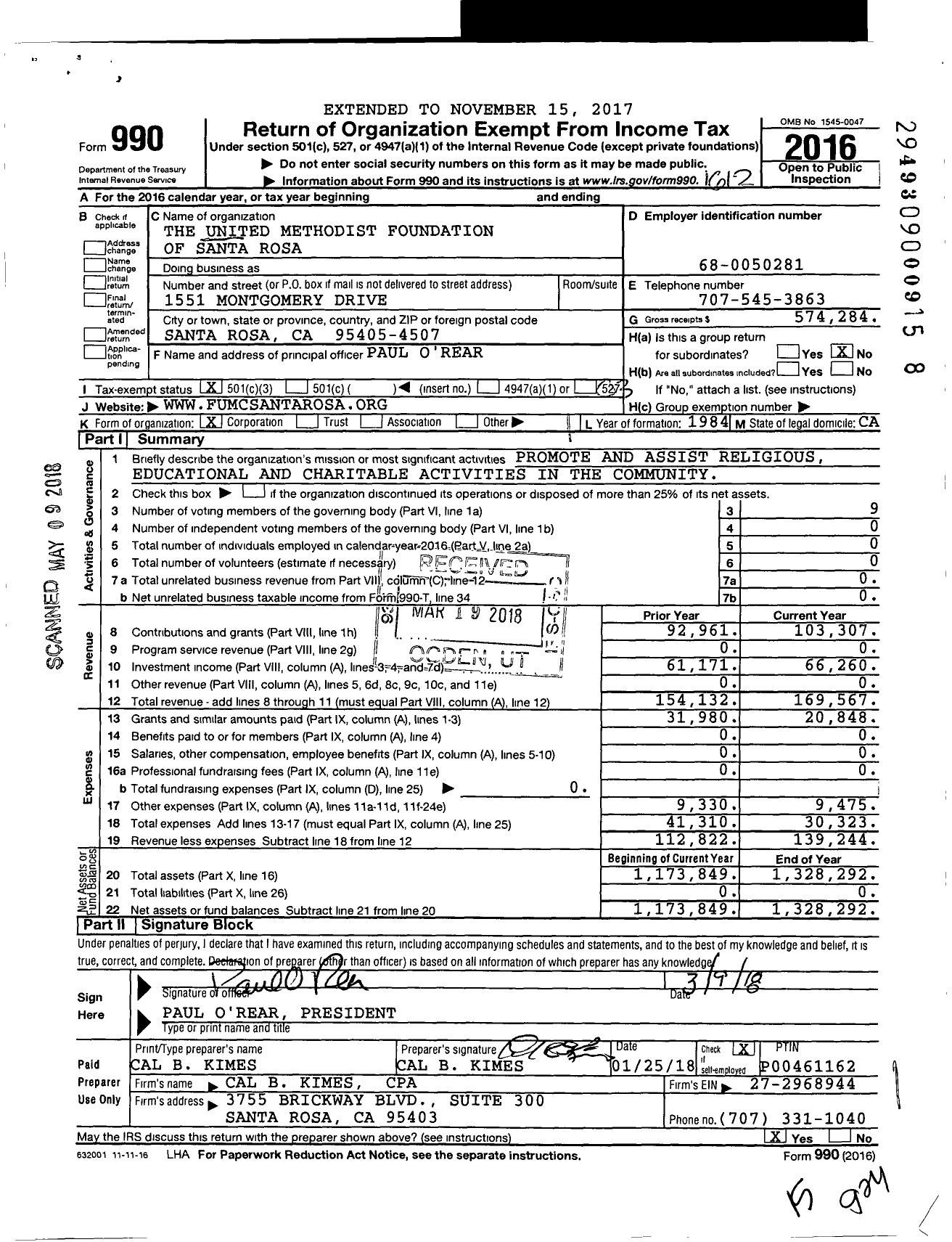 Image of first page of 2016 Form 990 for The United Methodist Foundation of Santa Rosa