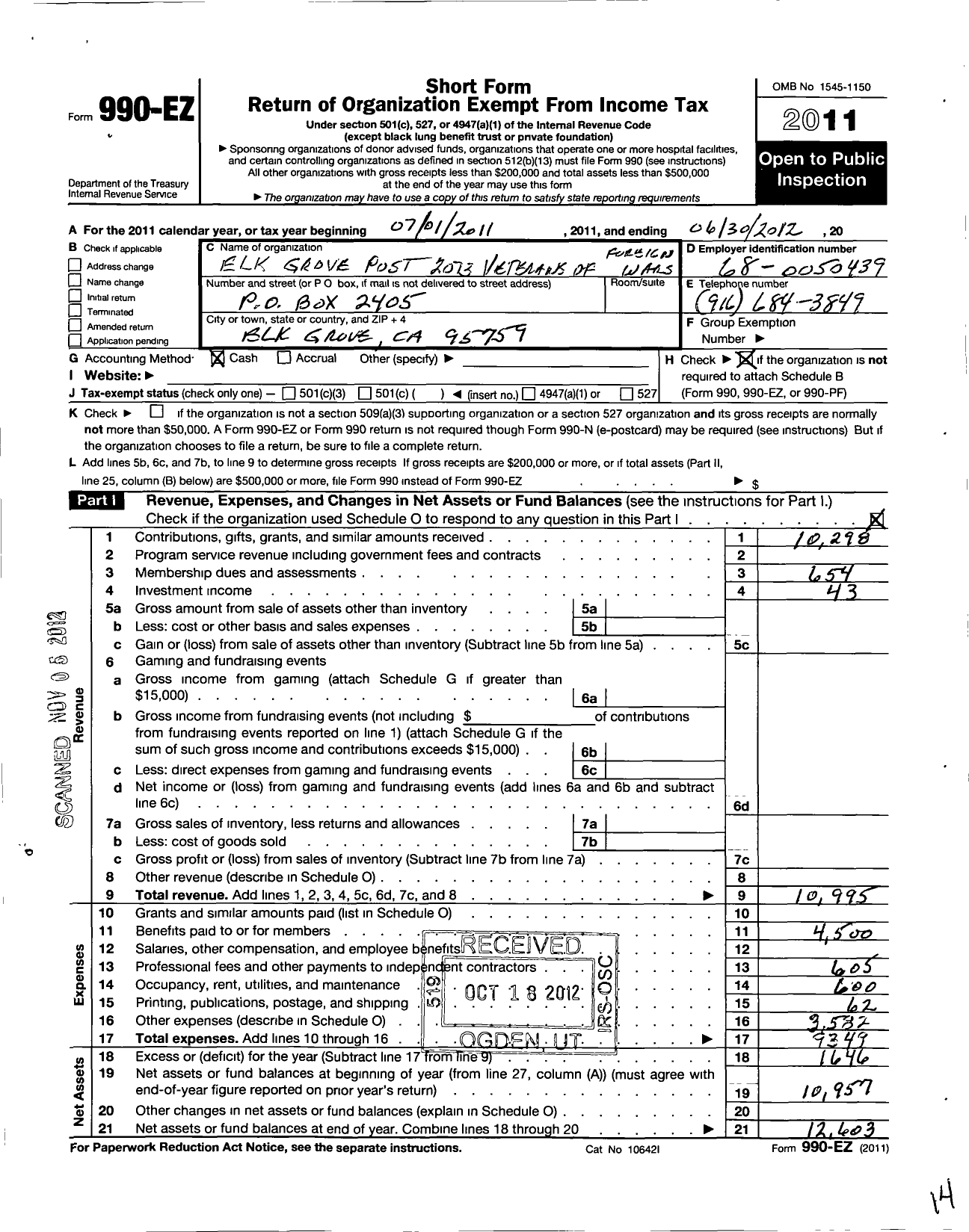 Image of first page of 2011 Form 990EO for VFW California Department - 2073 Elk Grove