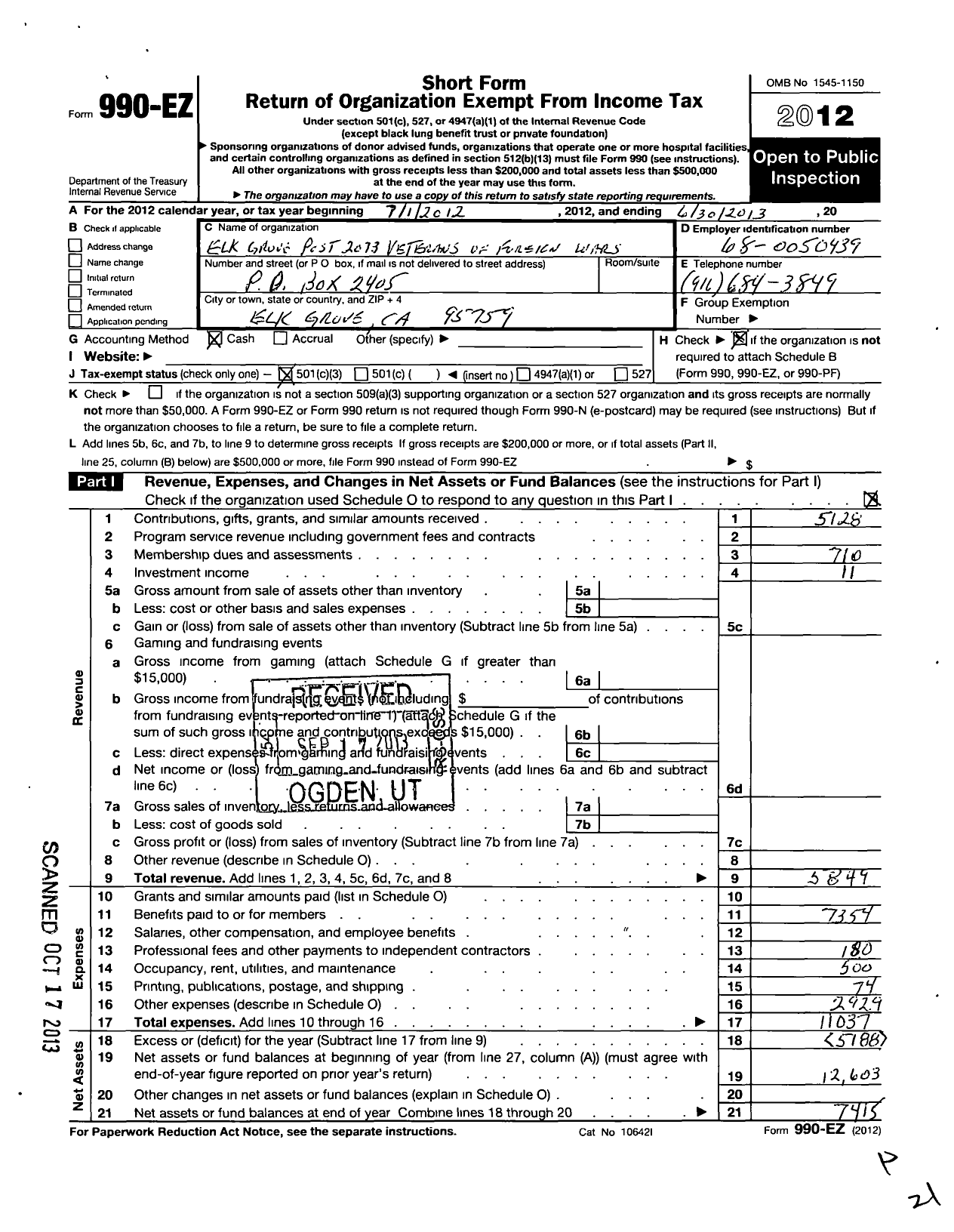 Image of first page of 2012 Form 990EZ for VFW California Department - 2073 Elk Grove