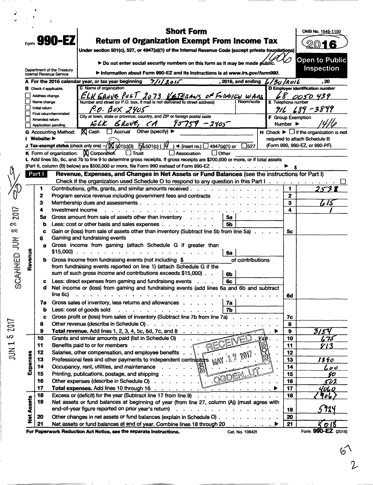 Image of first page of 2015 Form 990EO for VFW California Department - 2073 Elk Grove