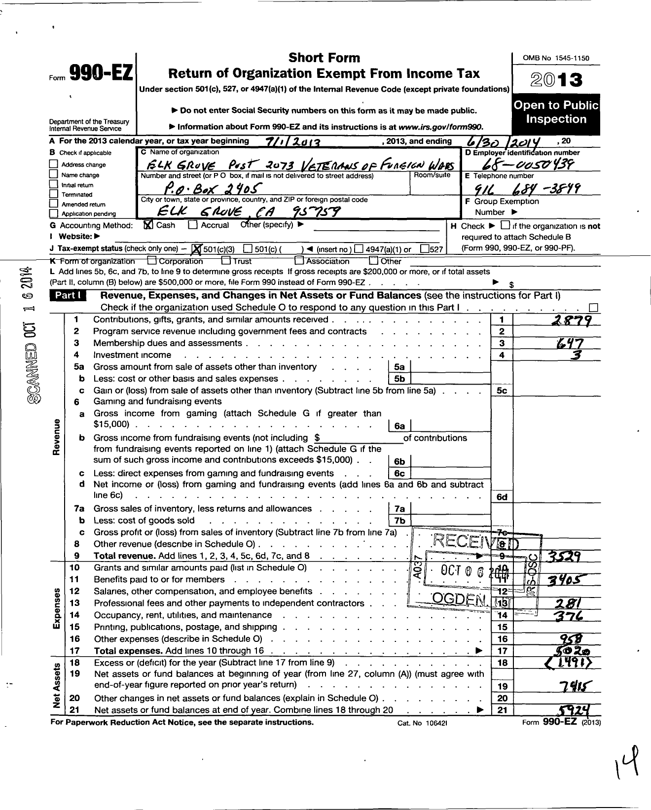 Image of first page of 2013 Form 990EZ for VFW California Department - 2073 Elk Grove