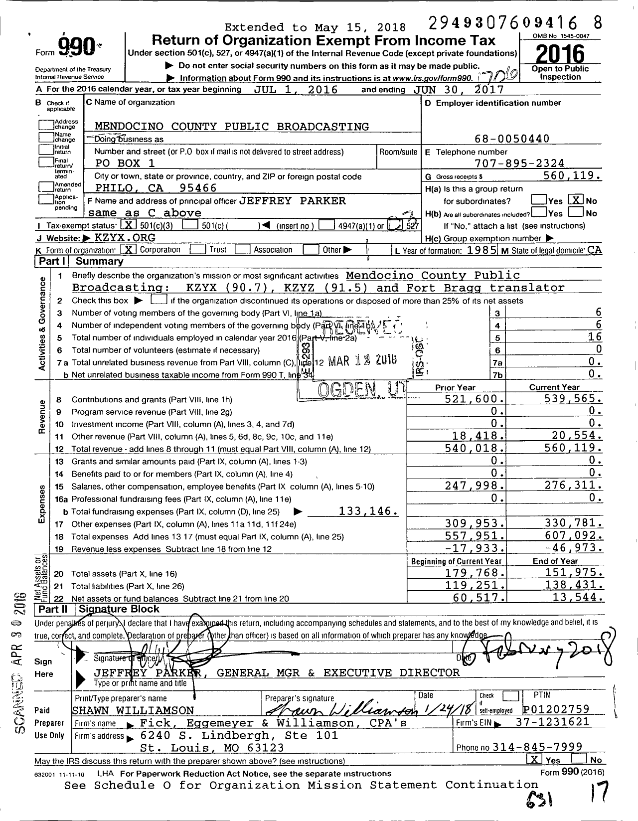 Image of first page of 2016 Form 990 for Mendocino County Public Broadcasting