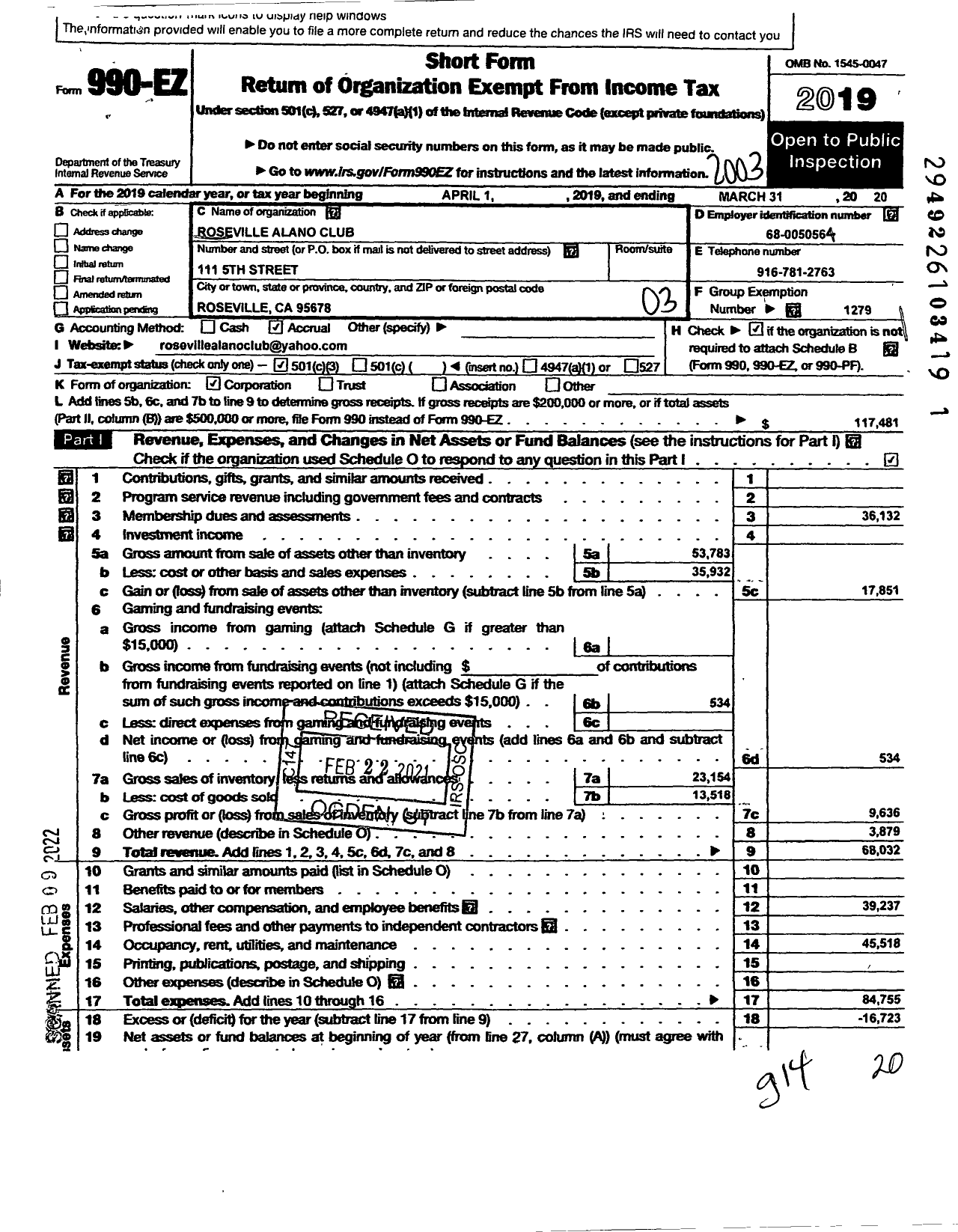 Image of first page of 2019 Form 990EZ for Roseville Alano Club